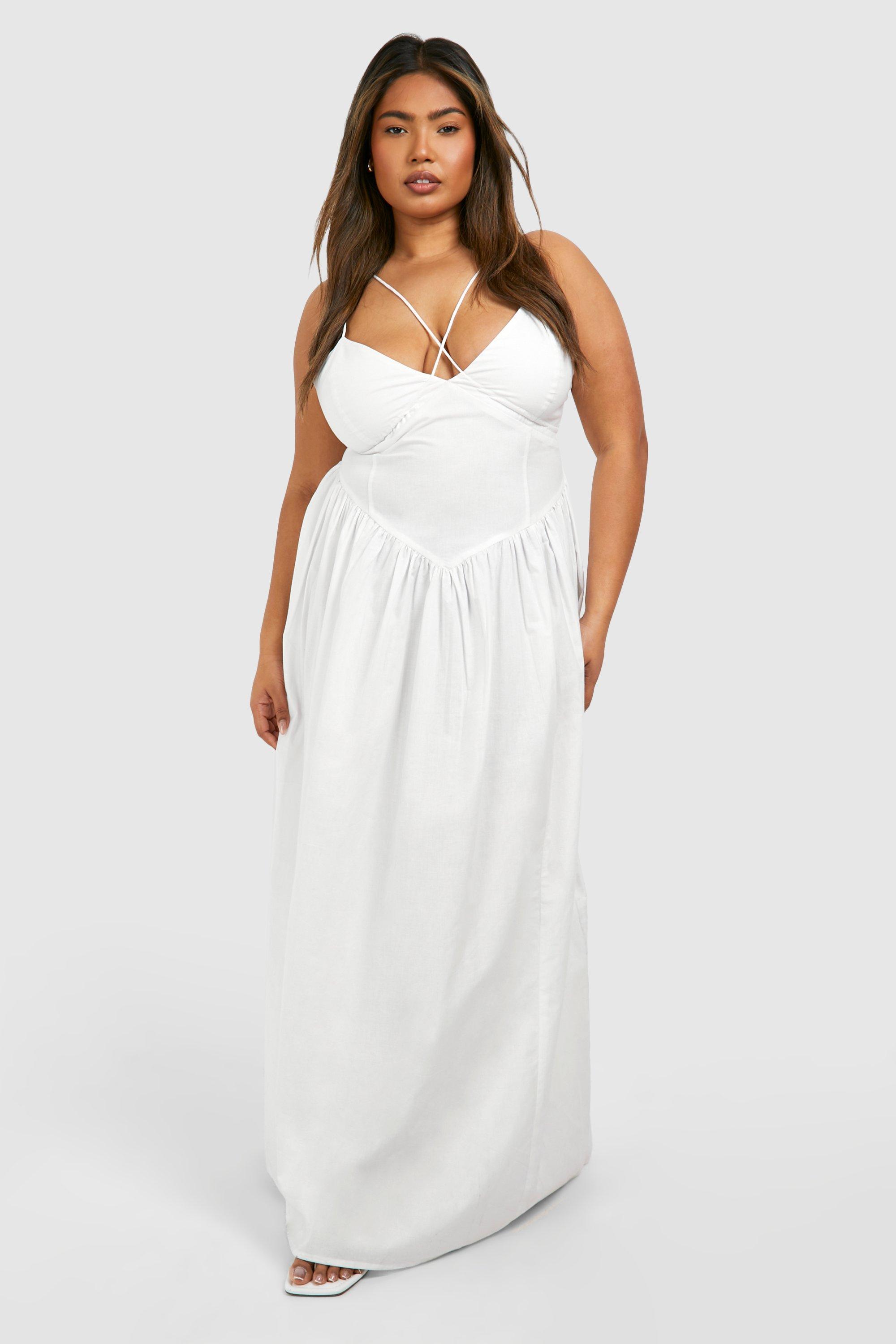 Image of Plus Cotton Strappy Maxi Dress, Bianco