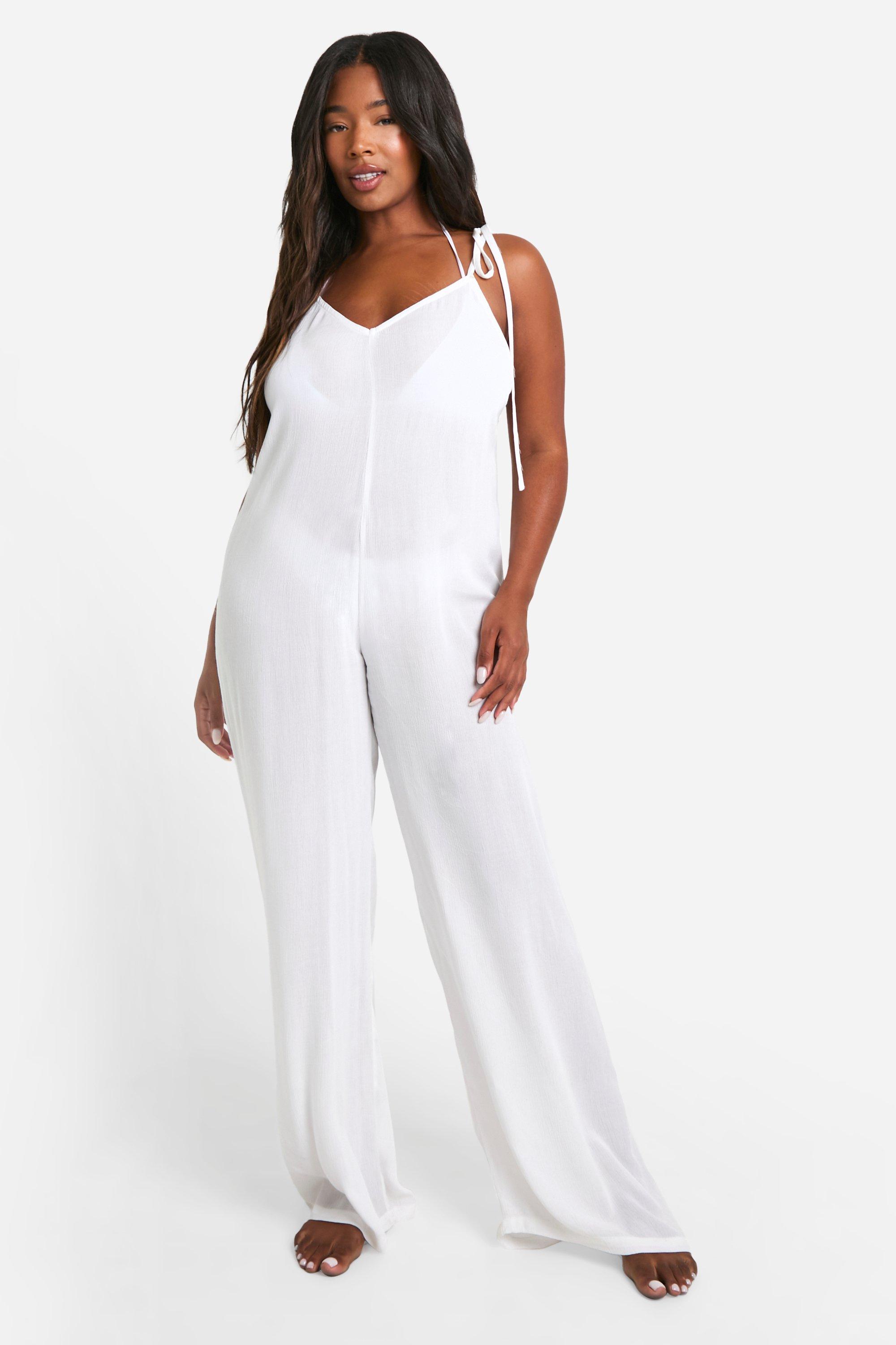 Image of Plus Strappy Cheesecloth Wide Leg Beach Jumpsuit, Bianco