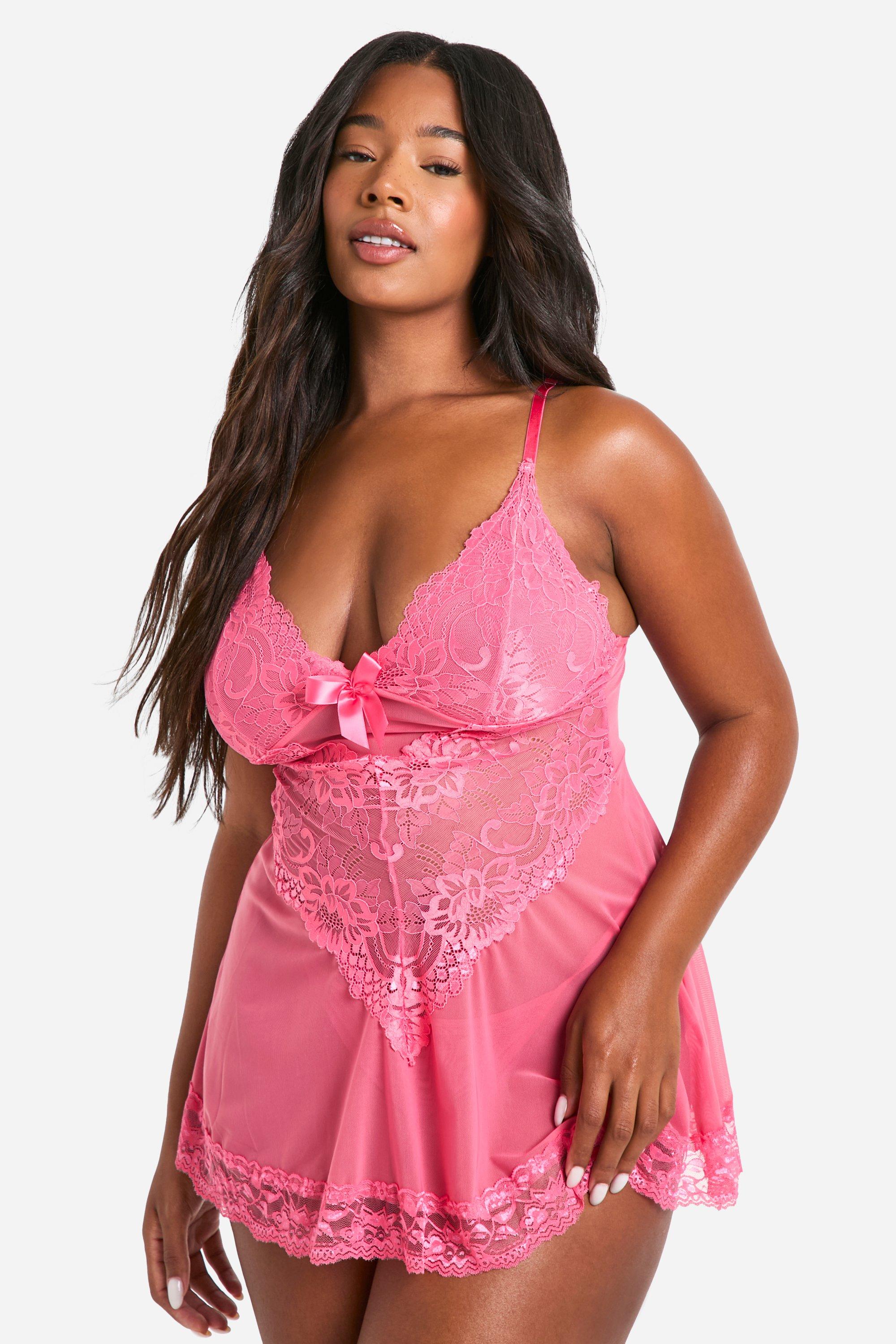 Image of Plus Strappy Lace & Mesh Babydoll, Pink