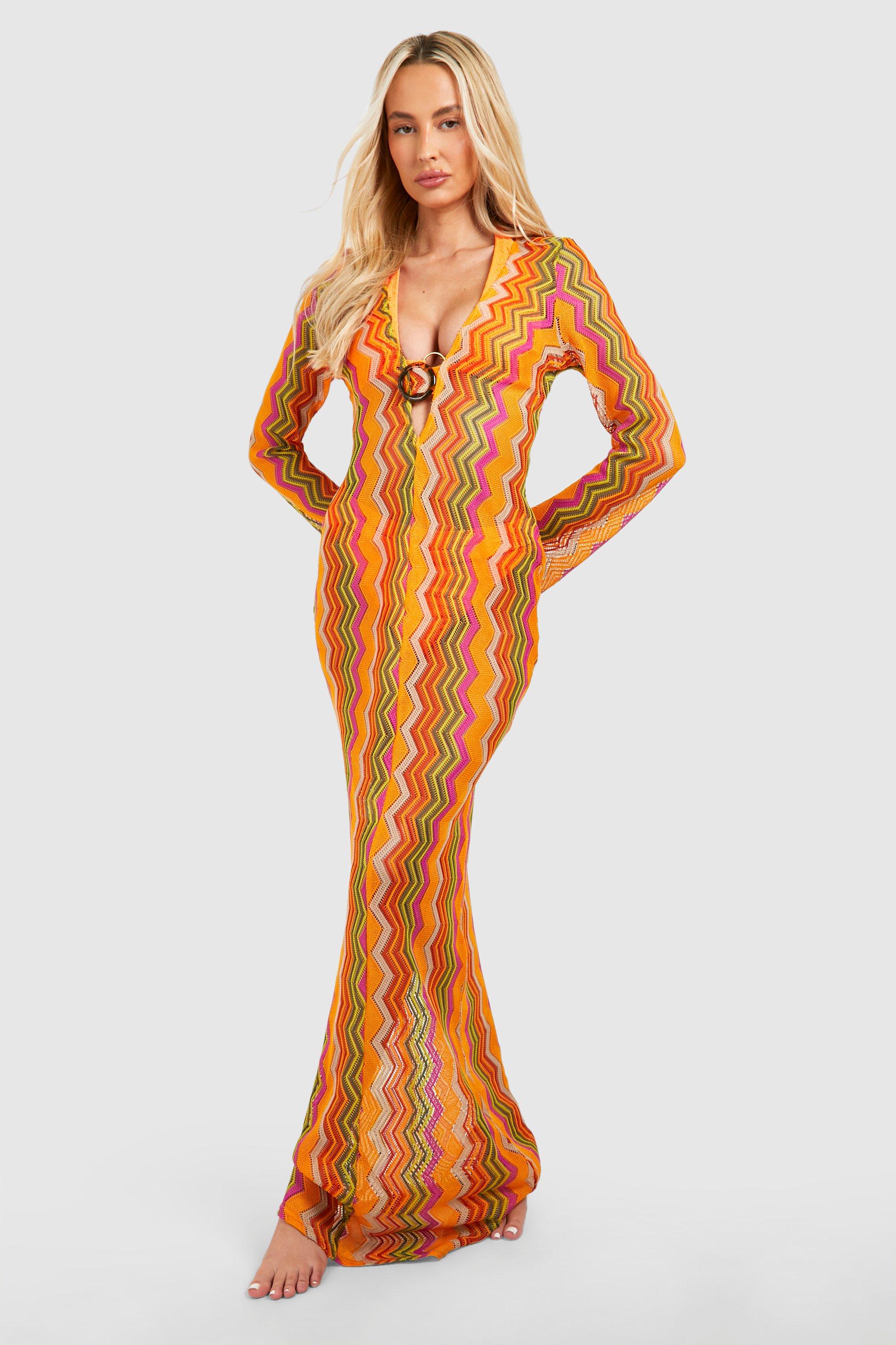 Boohoo Tall Zig Zag Crochet Beach Maxi Dress, Orange