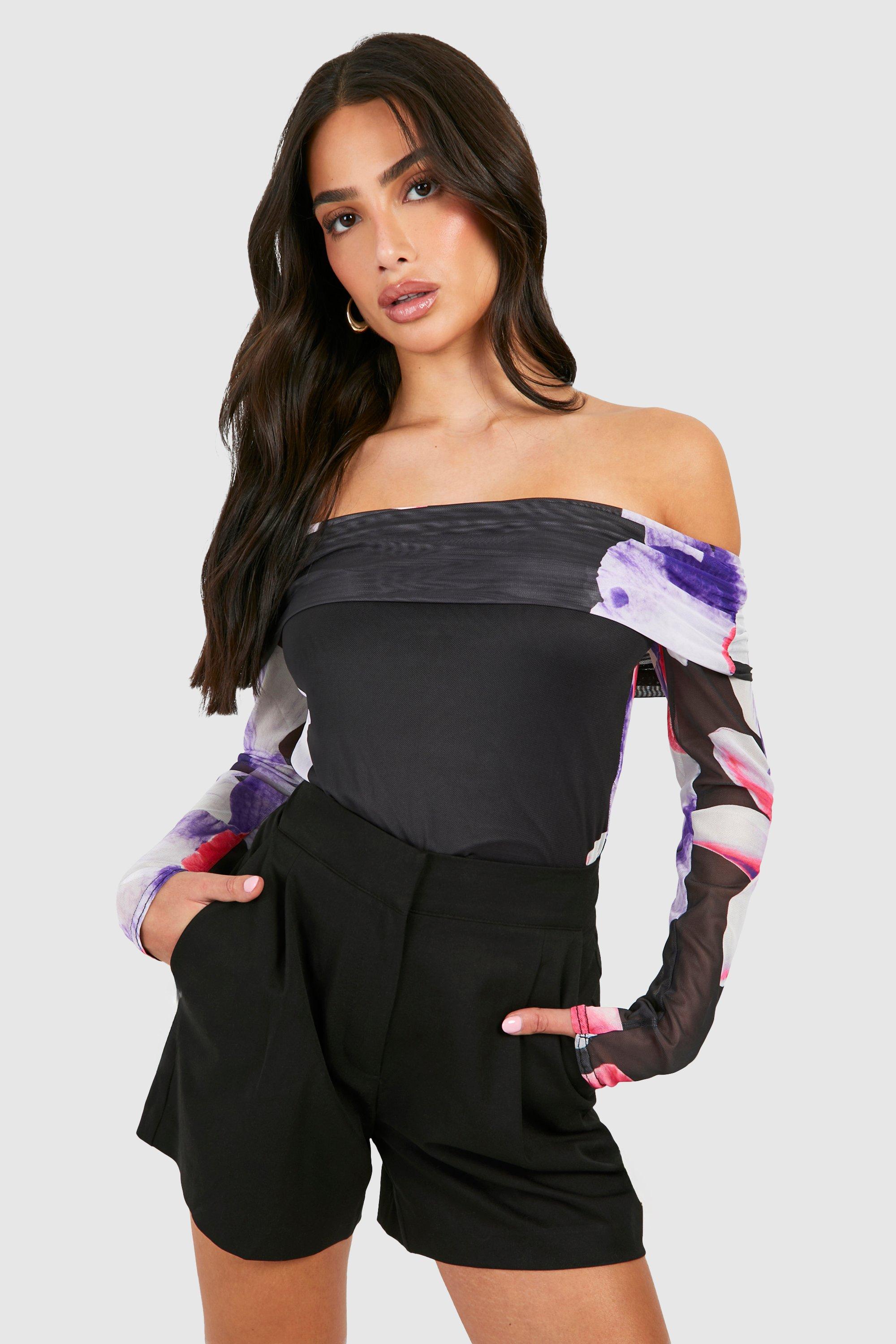Image of Petite Floral Mesh Off The Shoulder Top, Nero