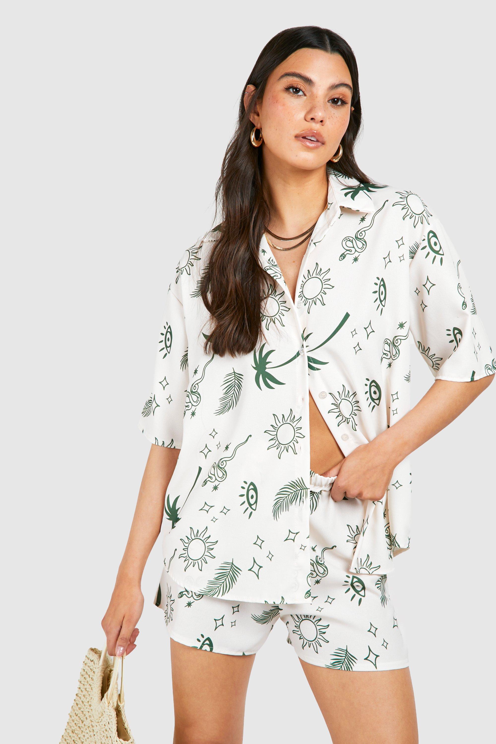 Image of Hammered Bohemian Print Relaxed Fit Shirt & Shorts, Bianco
