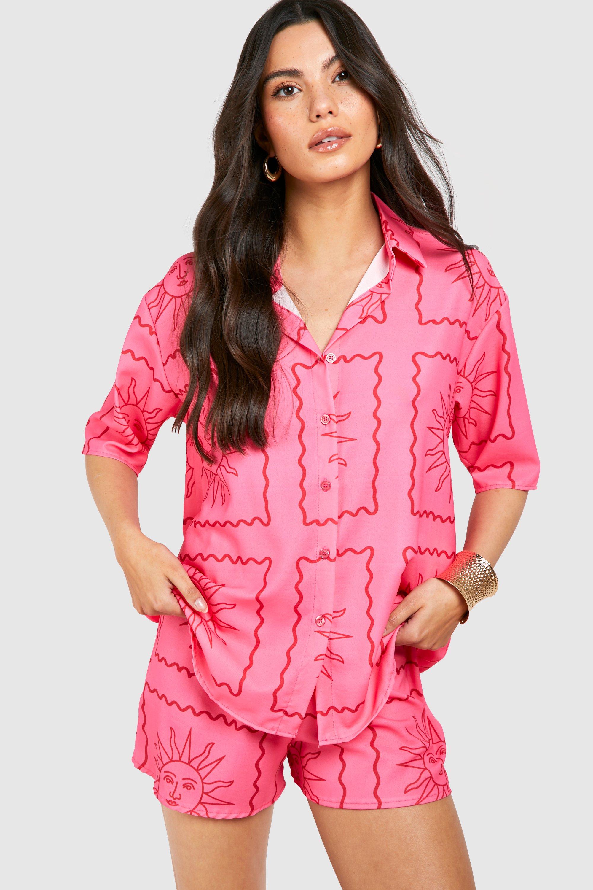 Image of Hammered Sun Print Relaxed Fit Shirt & Shorts, Pink