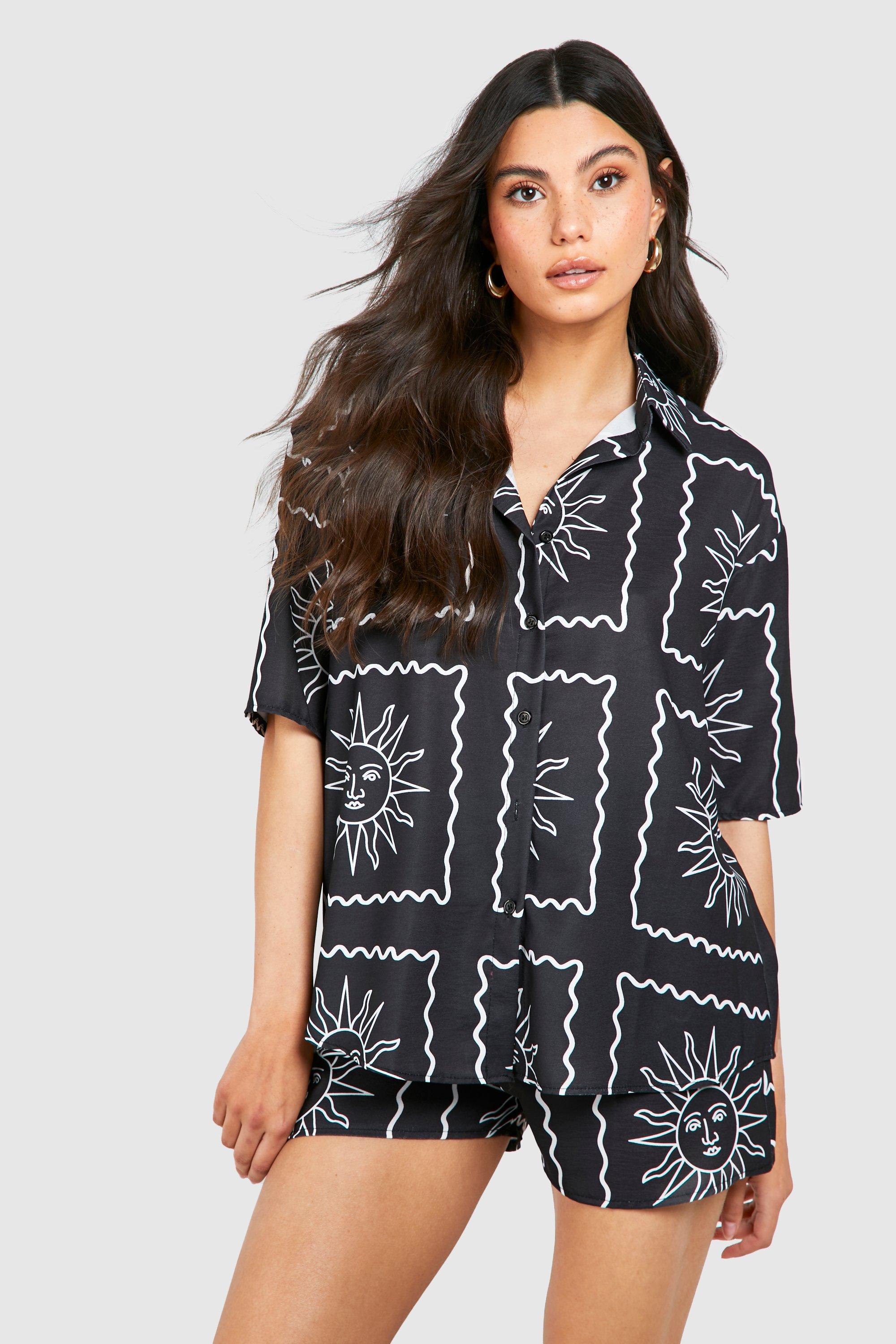 Image of Hammered Sun Print Relaxed Fit Shirt & Shorts, Nero