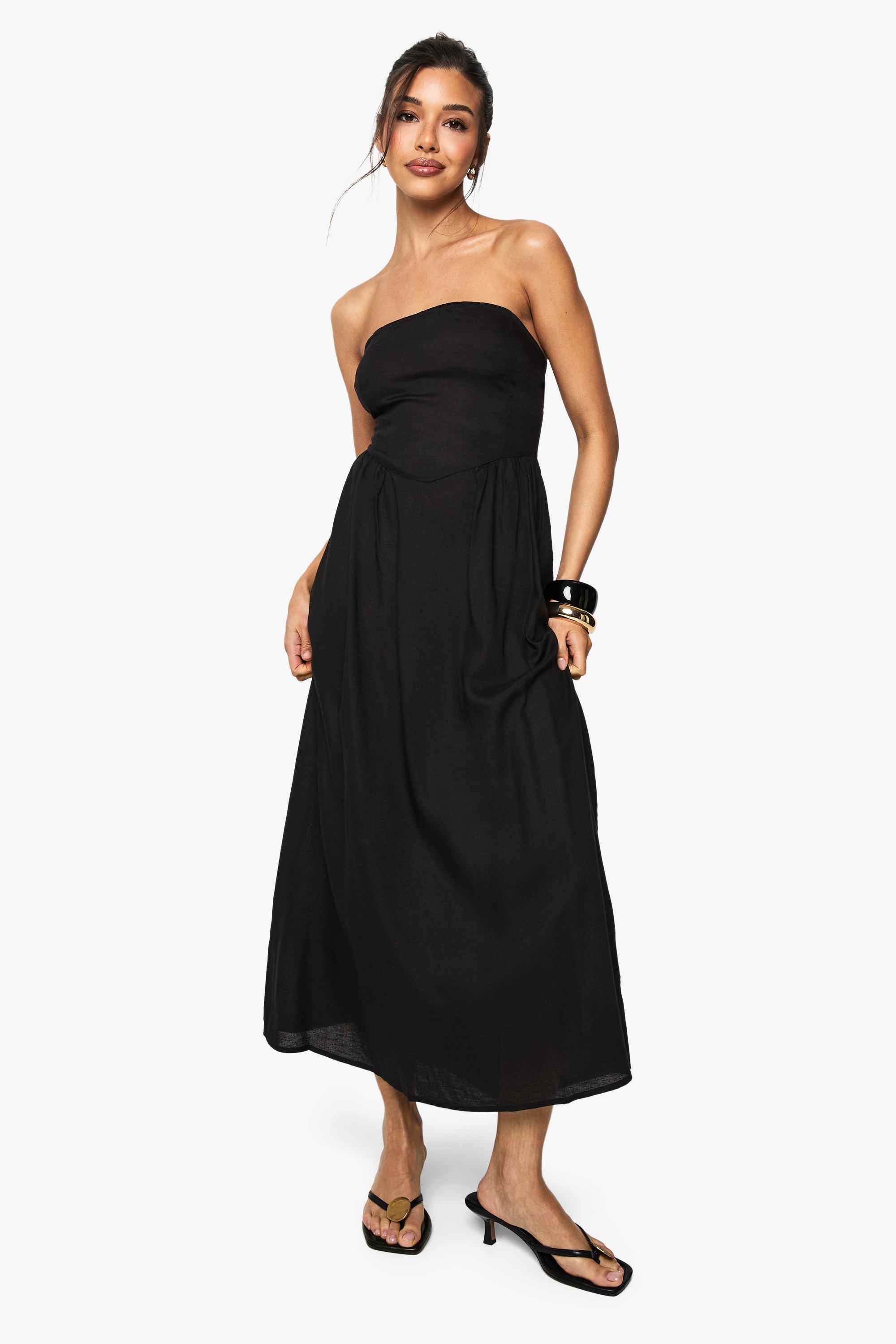 Womens Linen Look Bandeau Midaxi Dress - Black - 14, Black