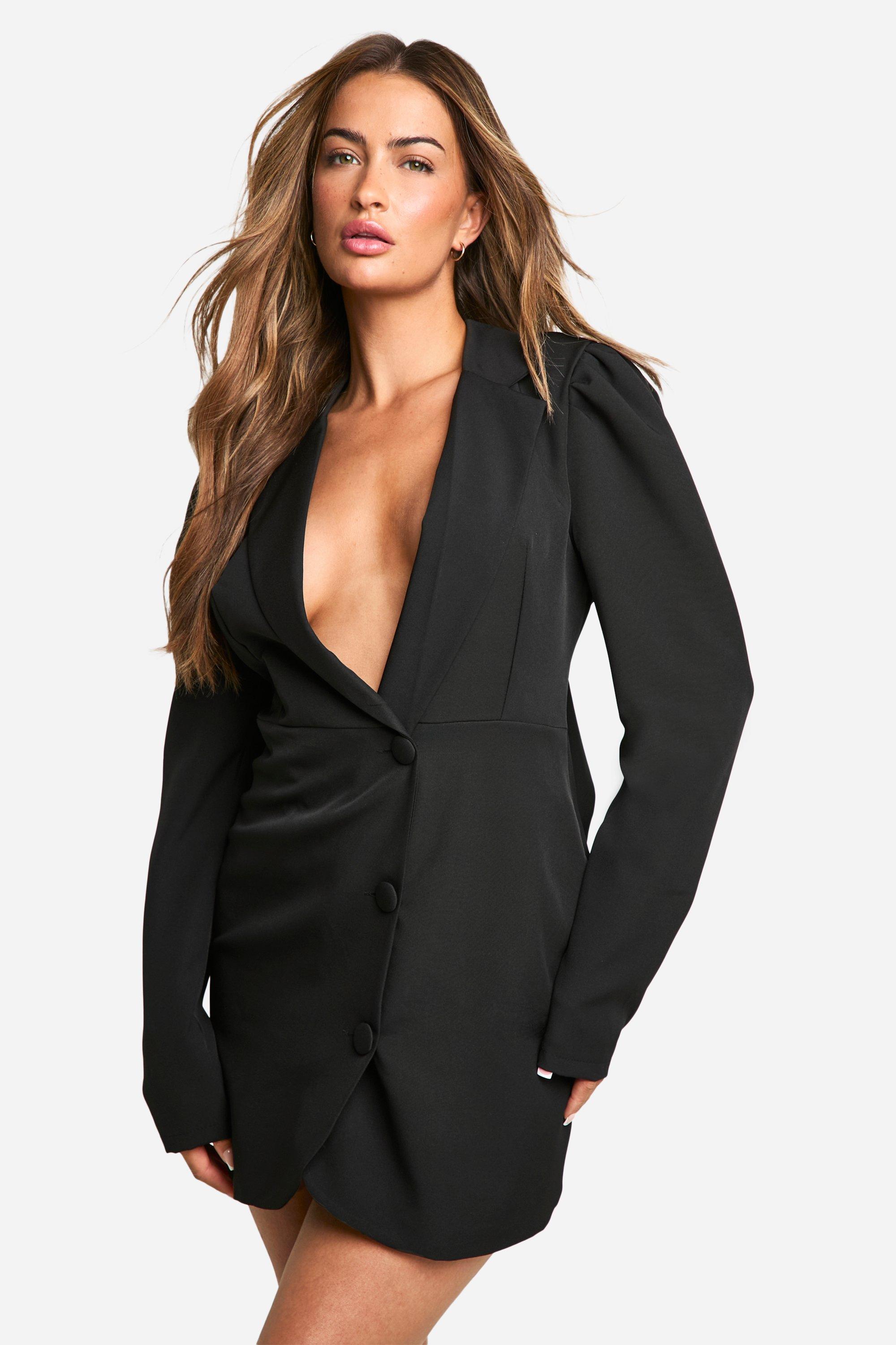 womens puff sleeve bow back tailored blazer dress - black - 10, black