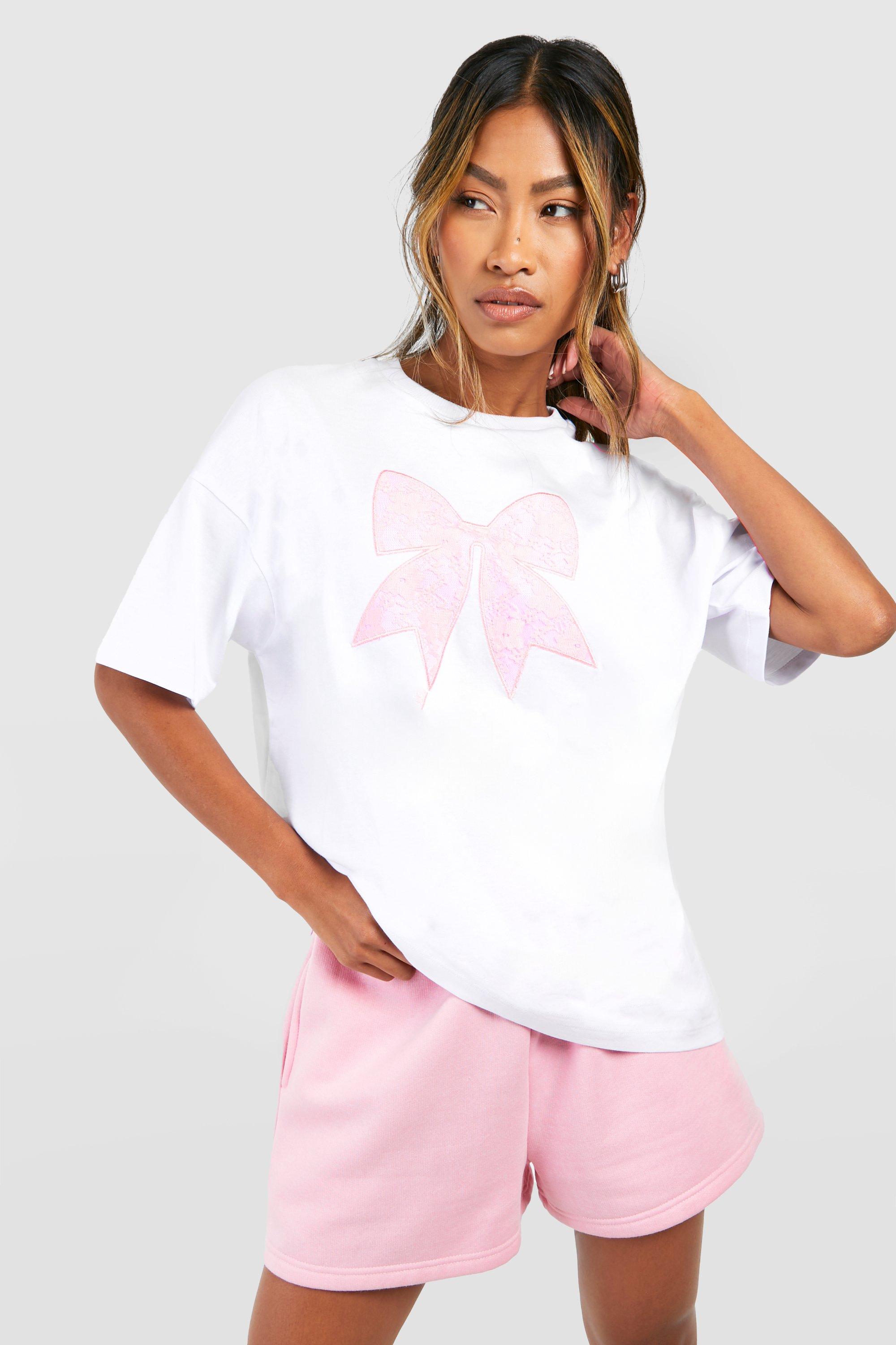 Lace Bow Applique Oversized T-Shirt - White - M