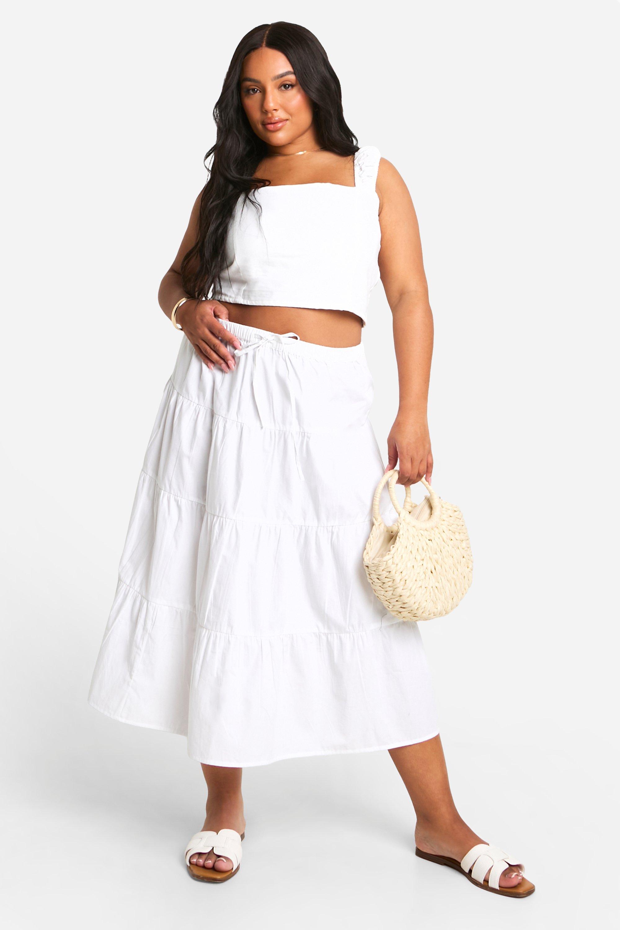 Image of Plus Cotton Poplin Tiered Midaxi Skirt, Bianco