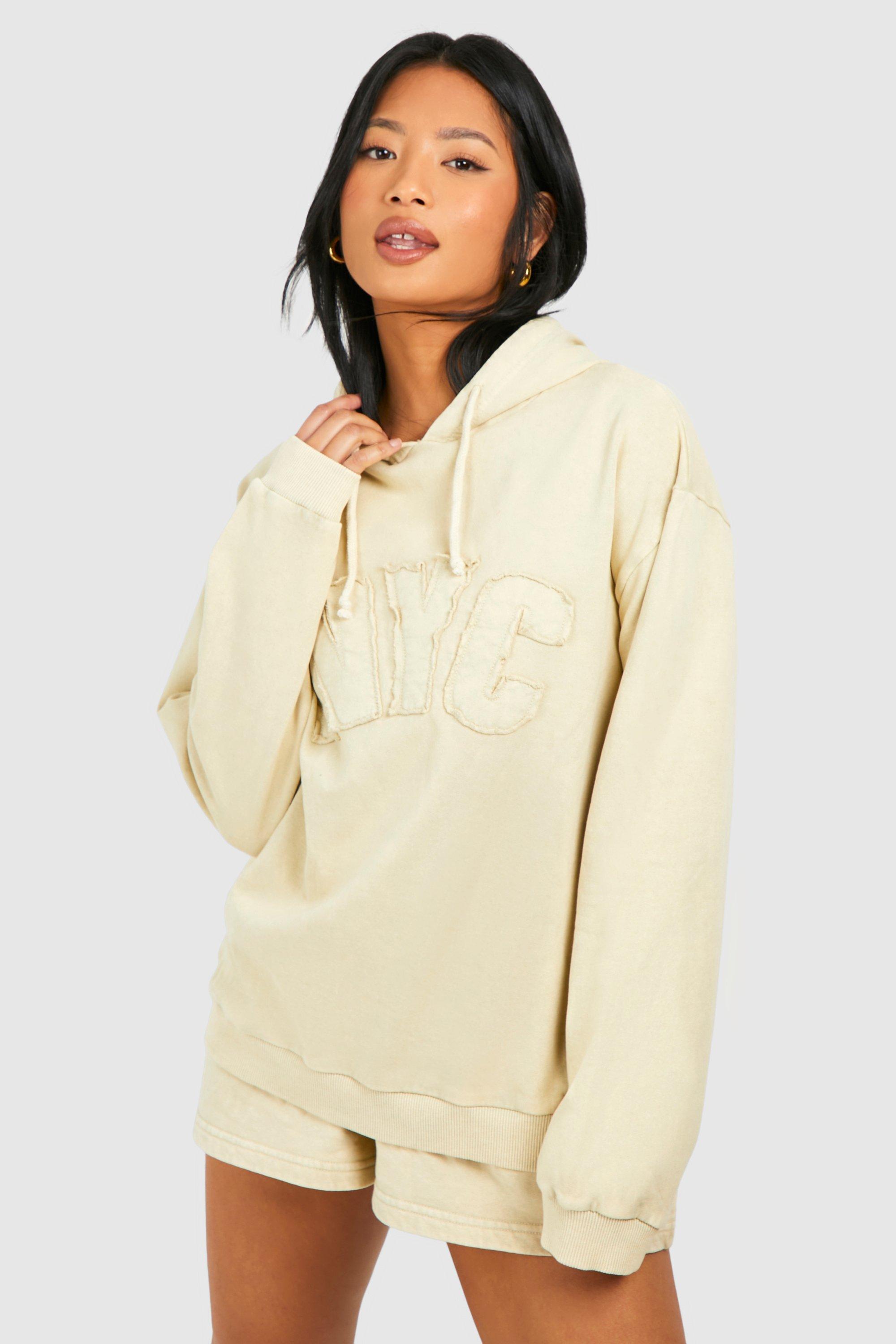 Image of Petite Washed Nyc Self Applique Oversized Hoodie, Beige