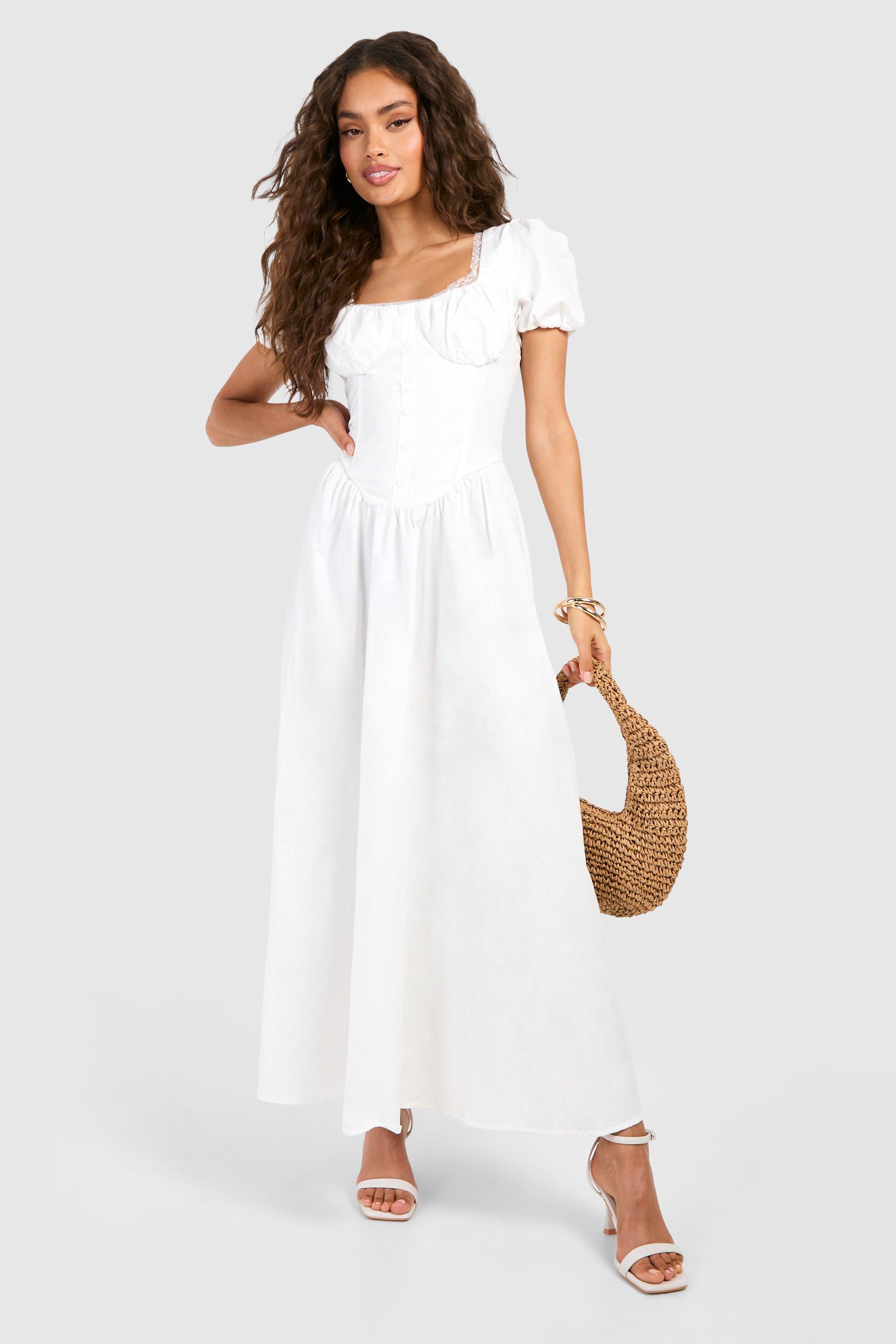 Image of Puff Sleeve Milkmaid Midaxi Dress, Bianco