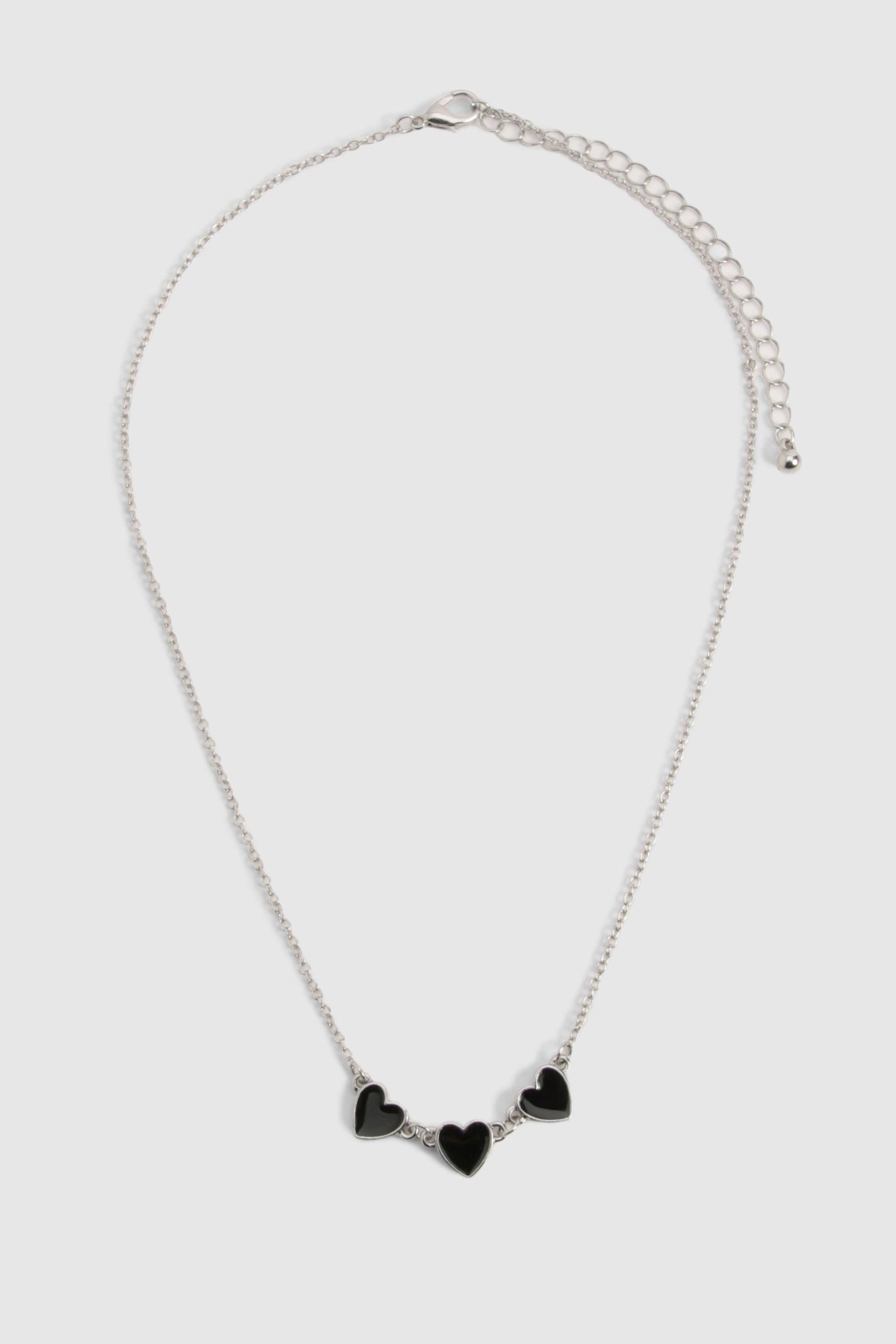 Image of Silver Black Enamel Triple Heart Detail Necklace, Grigio