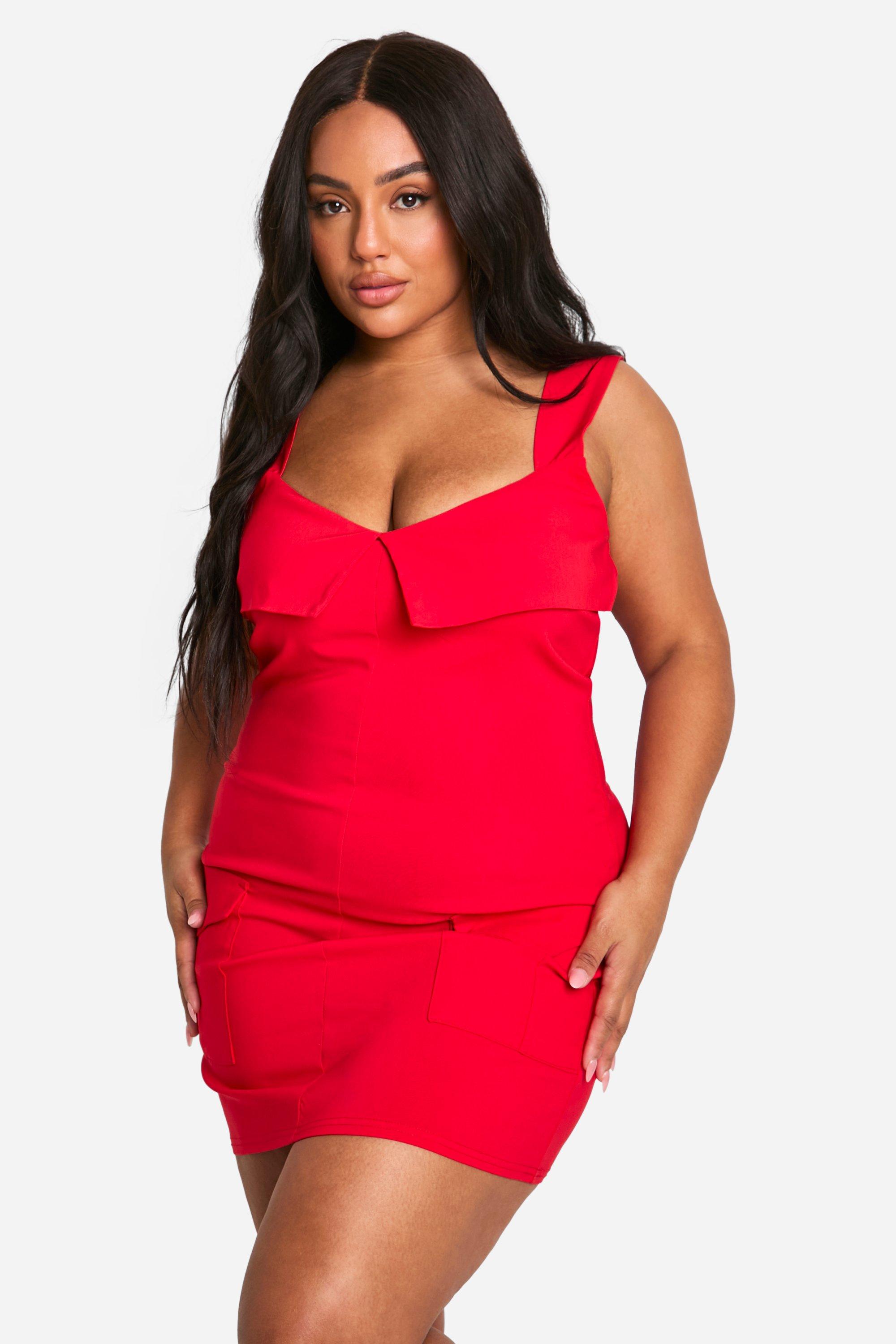 Image of Plus Bengaline Fold Detail Utility Bodycon Dress, Rosso