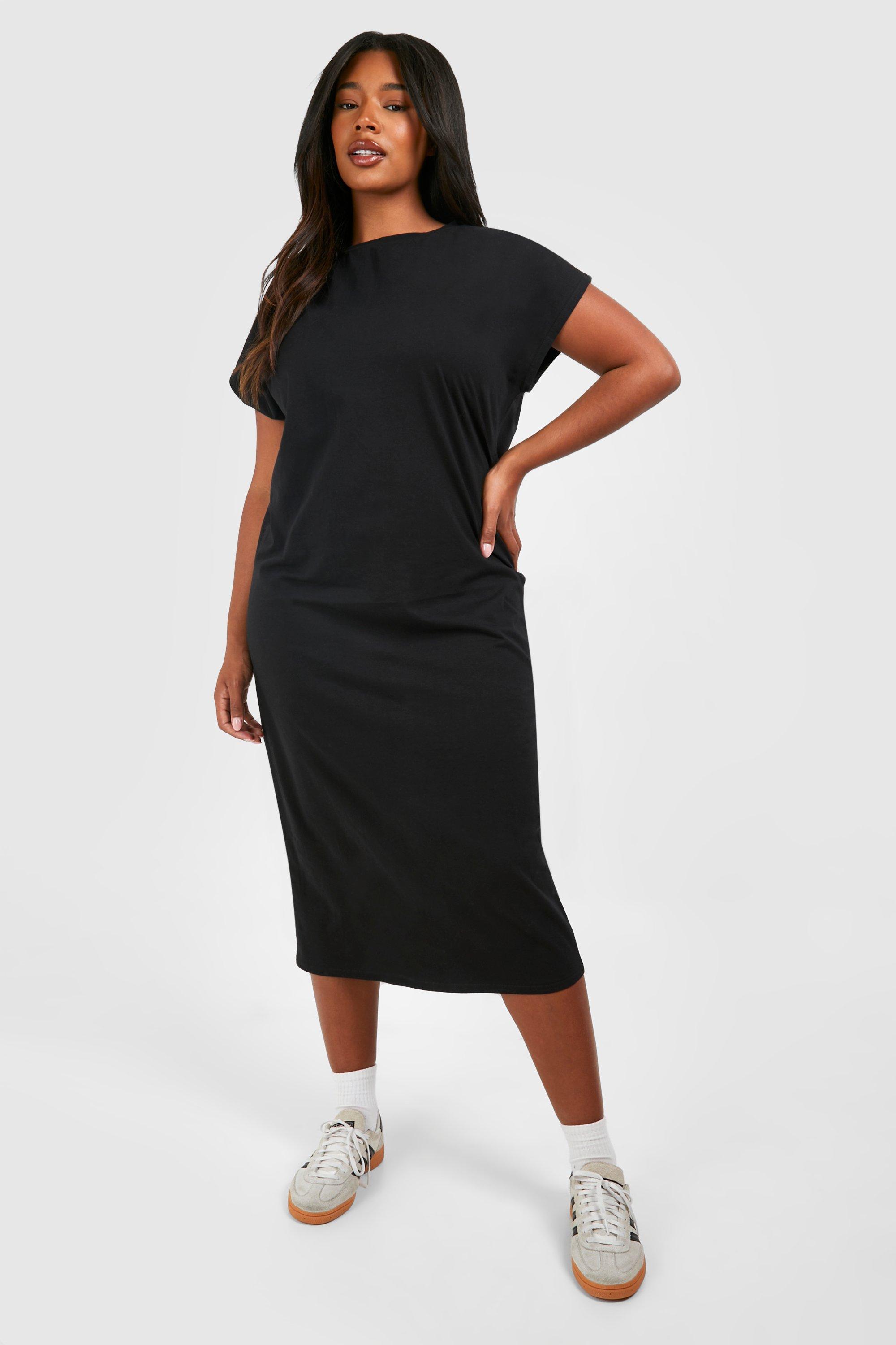 Plus Cotton Elastane Cap Sleeve Midaxi T-Shirt Dress - Black - 20