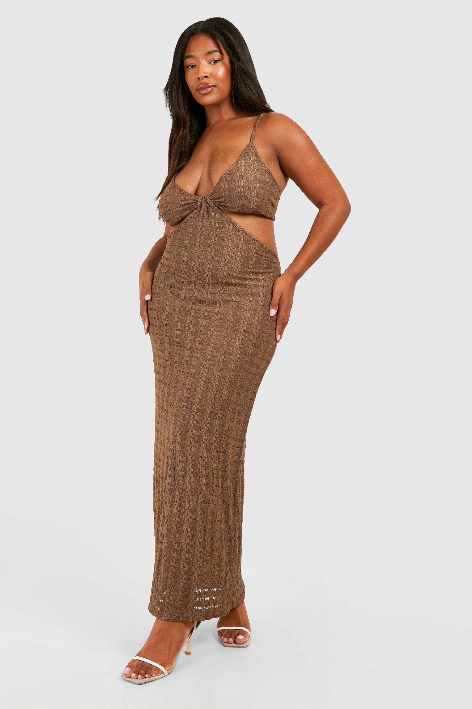 Boohoo Plus Jersey Knitted Strappy Beach Maxi Dress, Chocolate