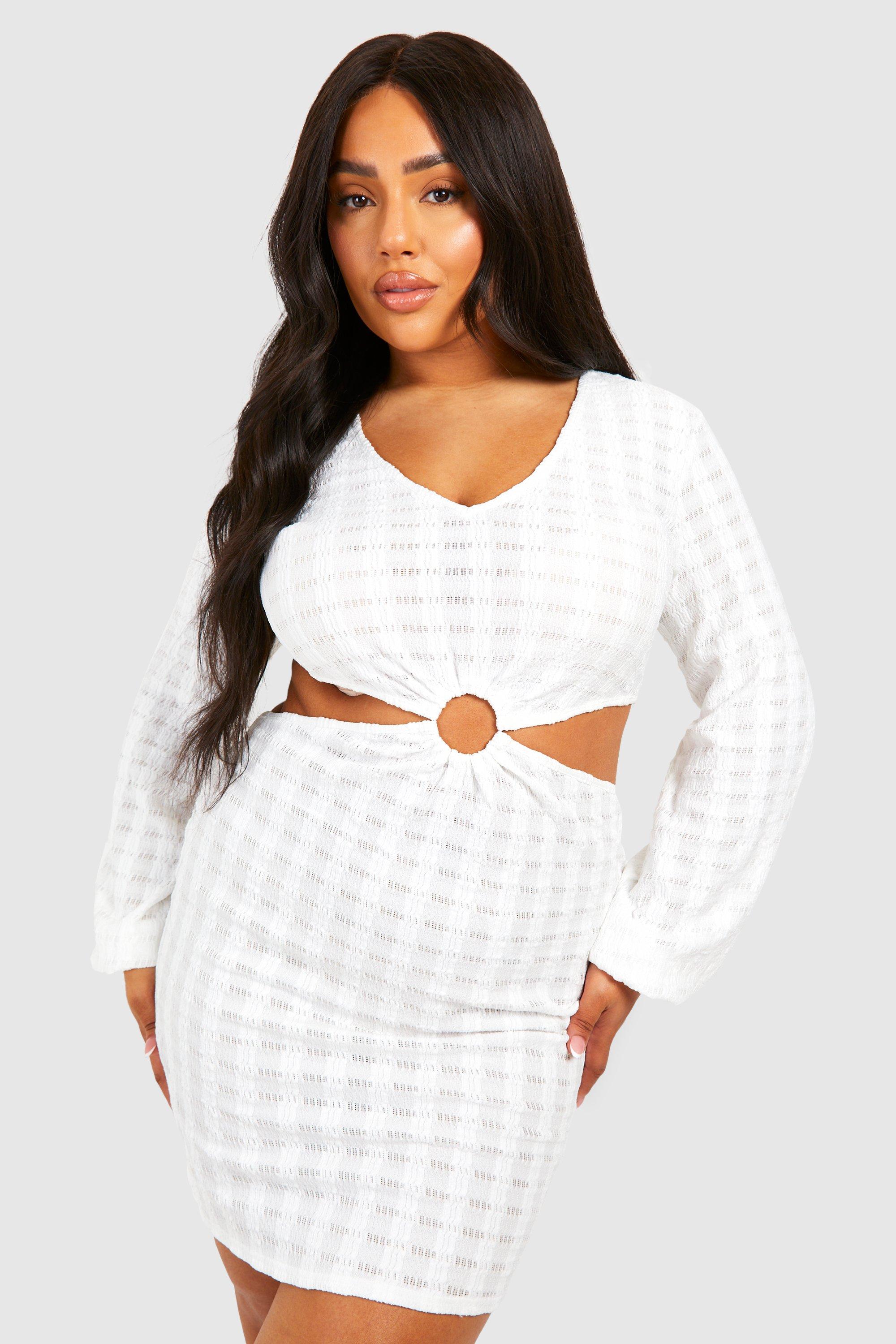 Boohoo Plus Jersey Knitted O- Ring Beach Dress, White