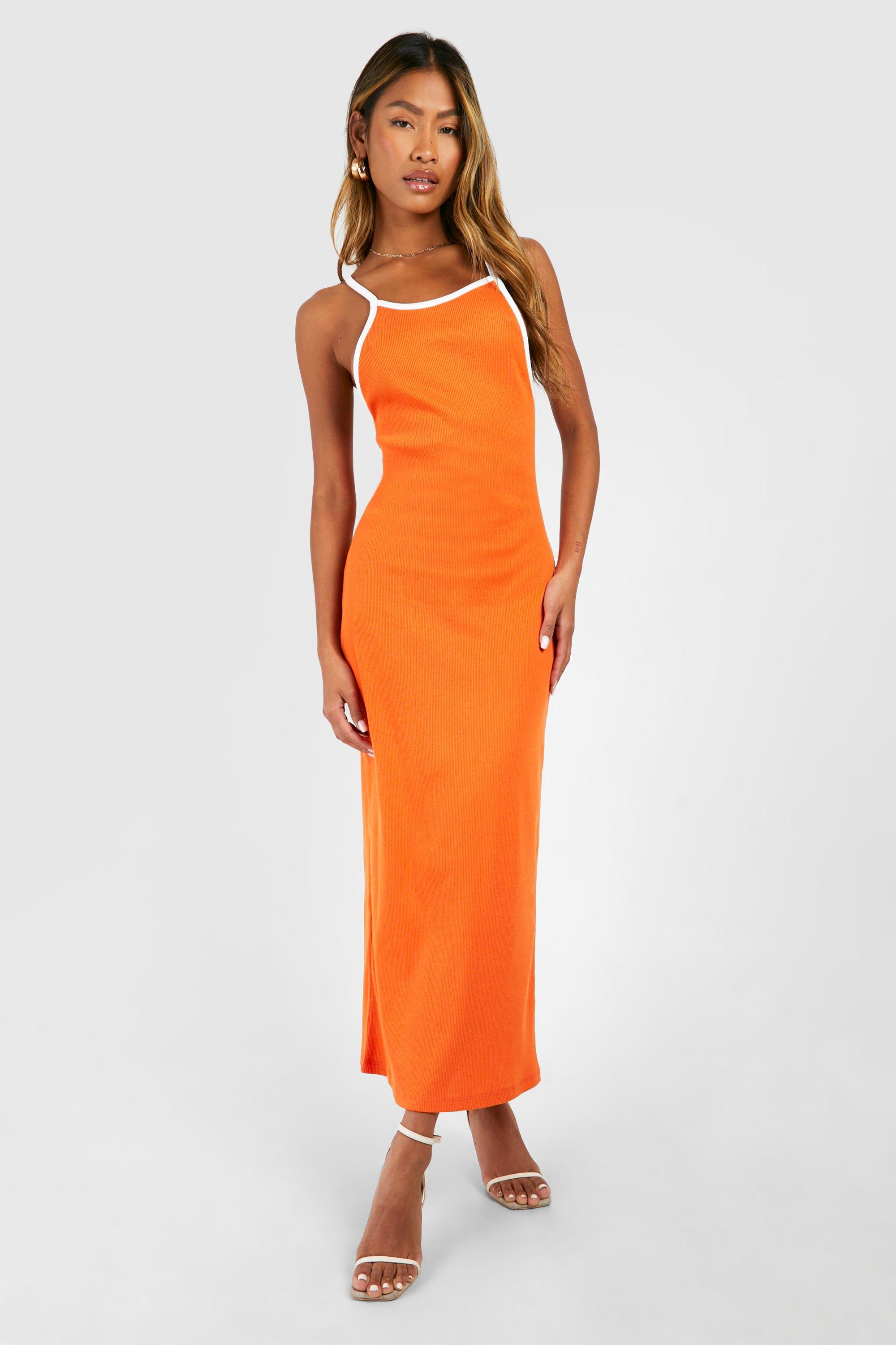 Boohoo Contrast Binding Low Scoop Racer Midaxi Dress, Orange