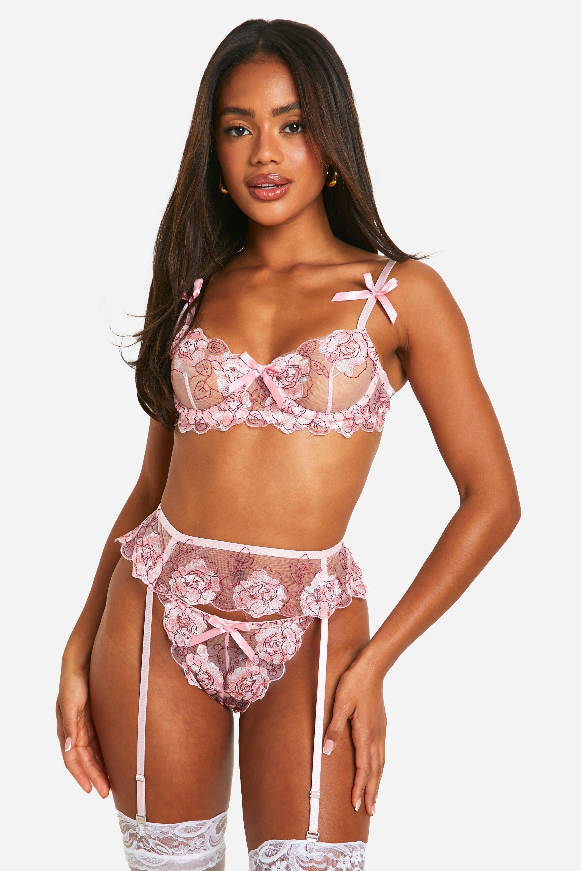 Boohoo Rose Lace Bra, Thong And Suspender Set, Pink