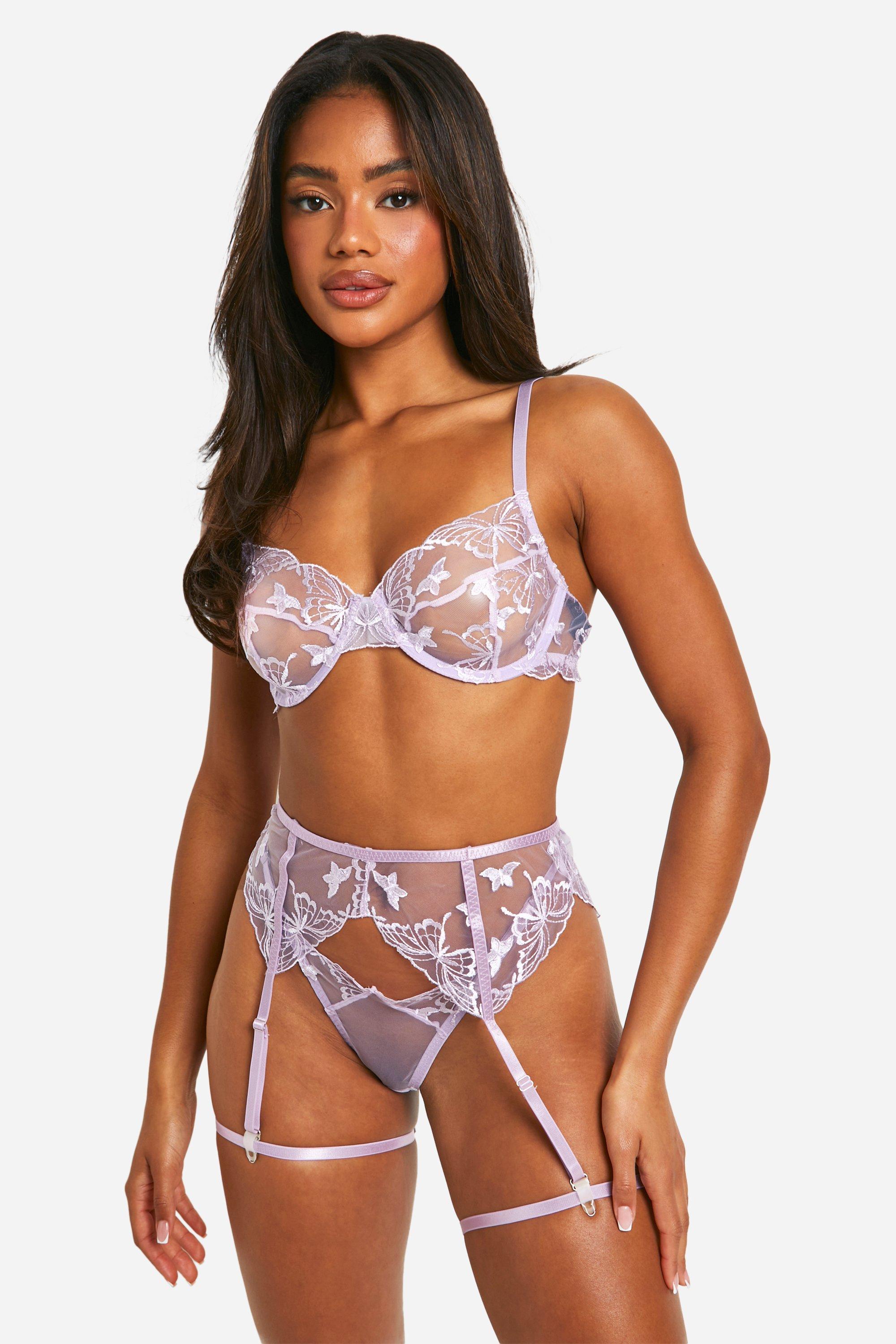 Womens Butterfly Mesh Bra, Thong And Suspender Set - Purple - L, Purple