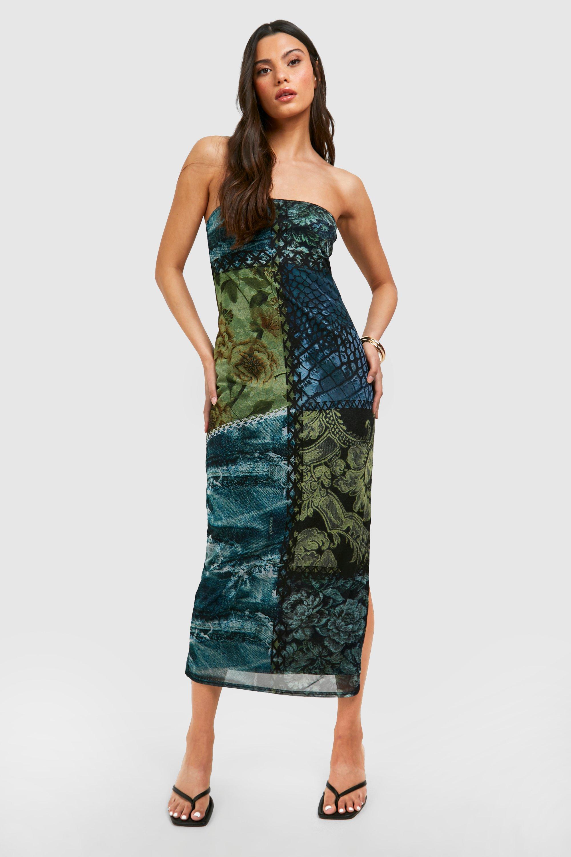 Image of Bandeau Printed Mesh Midaxi Dress, Multi