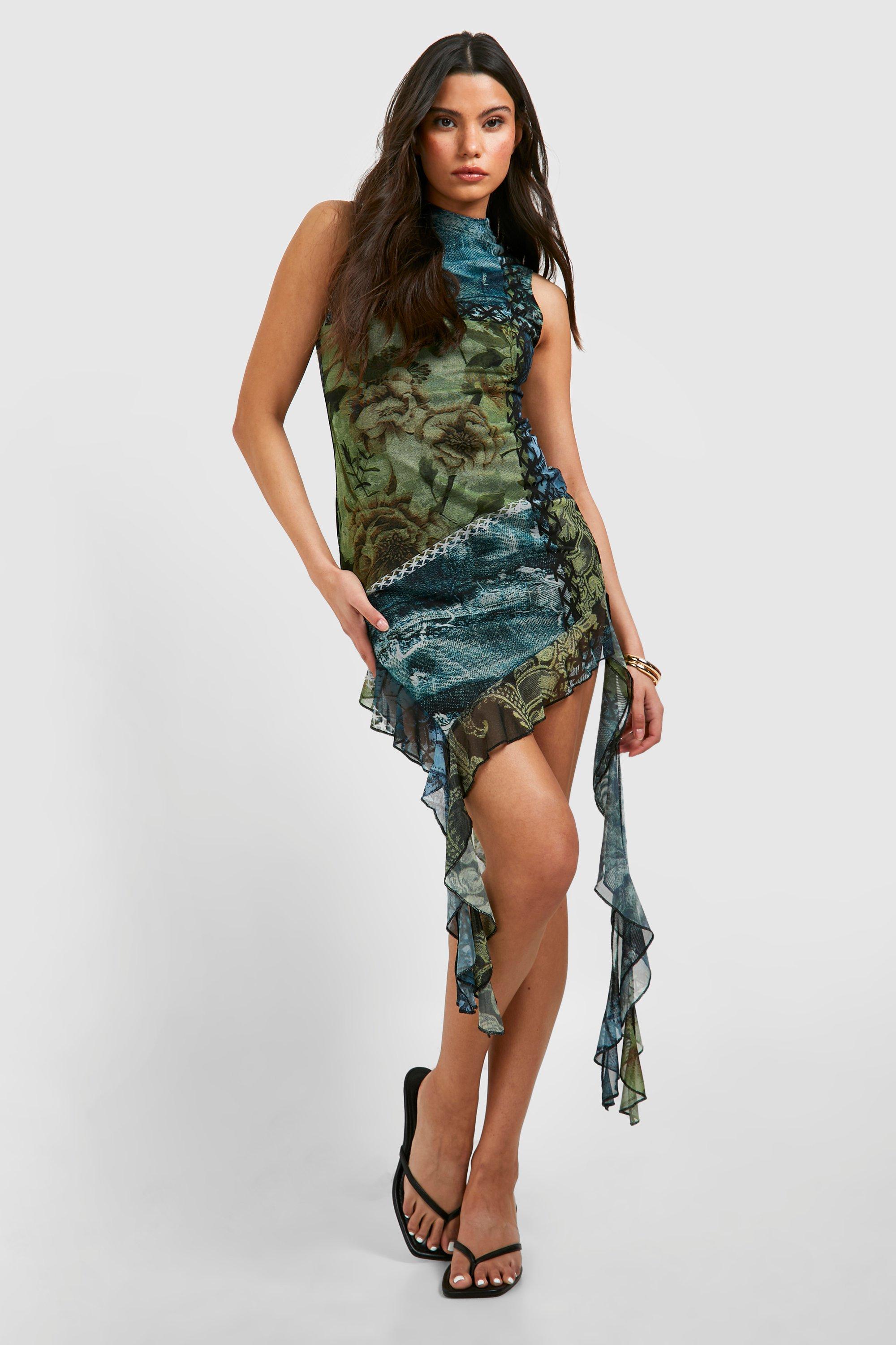 Image of Slash Neck Printed Ruffle Mesh Mini Dress, Multi