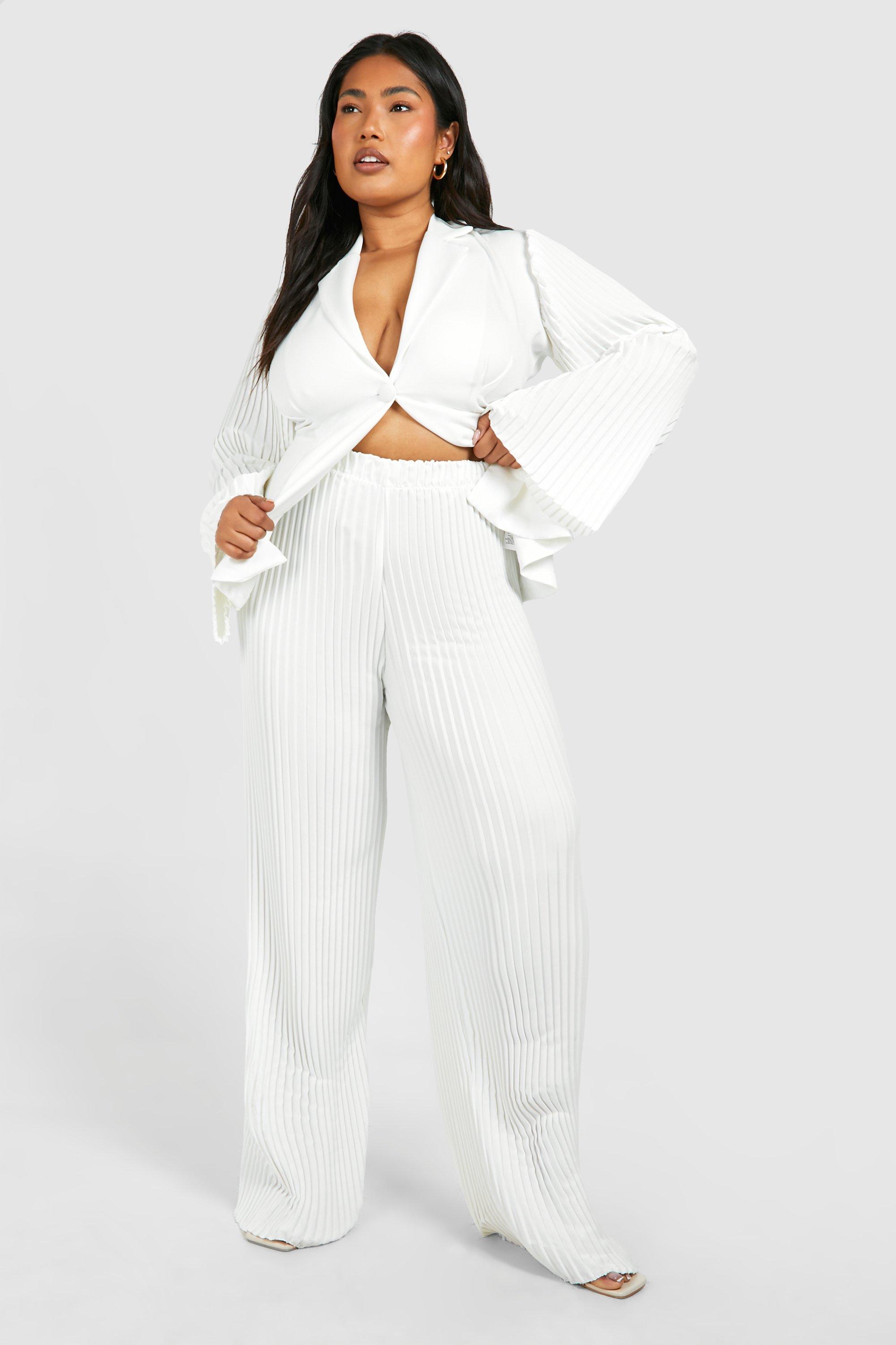 Image of Plus Pleated Wide Leg Tailored Trousers, Bianco