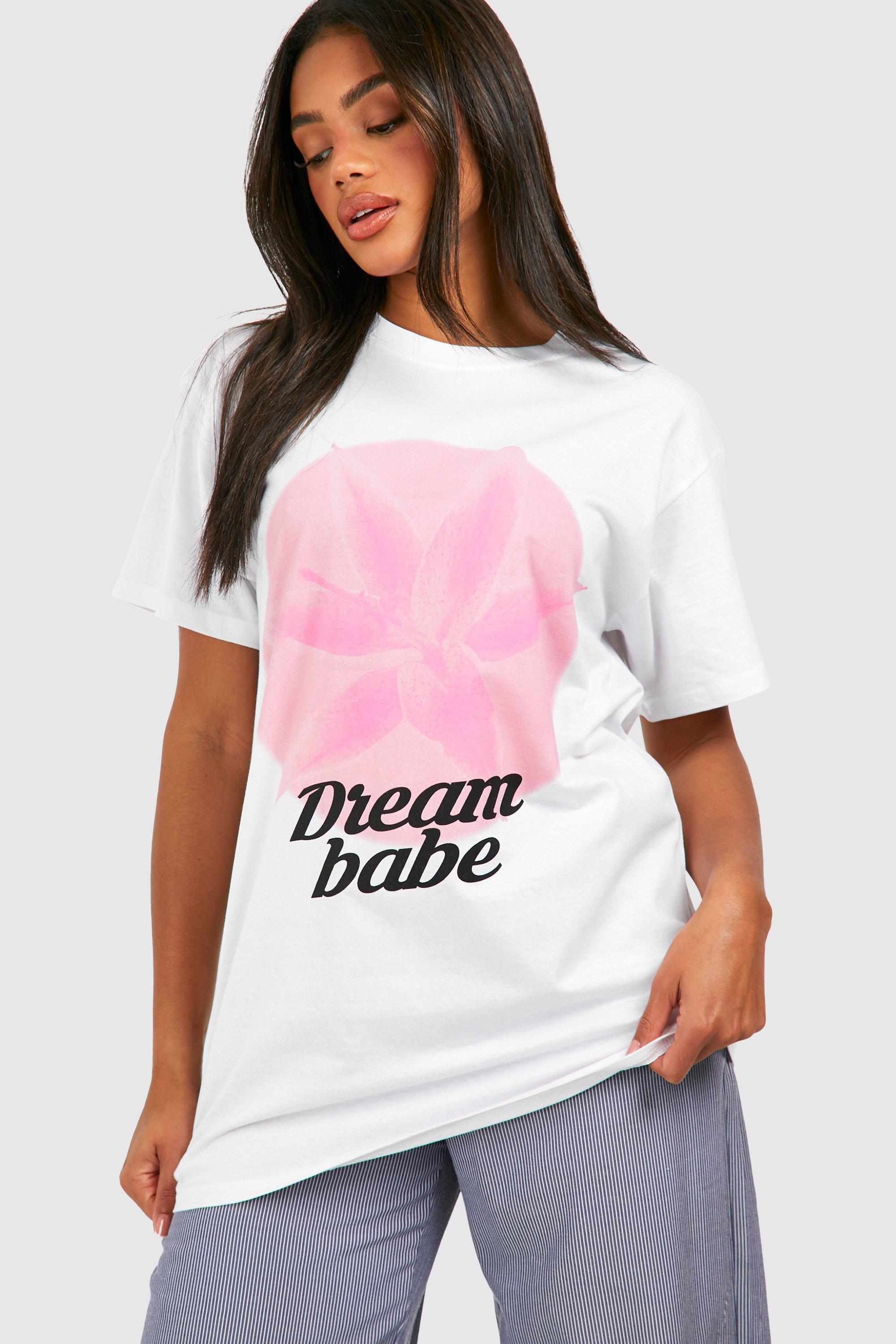 Image of Oversized Dream Babe Printed Cotton Tee, Bianco