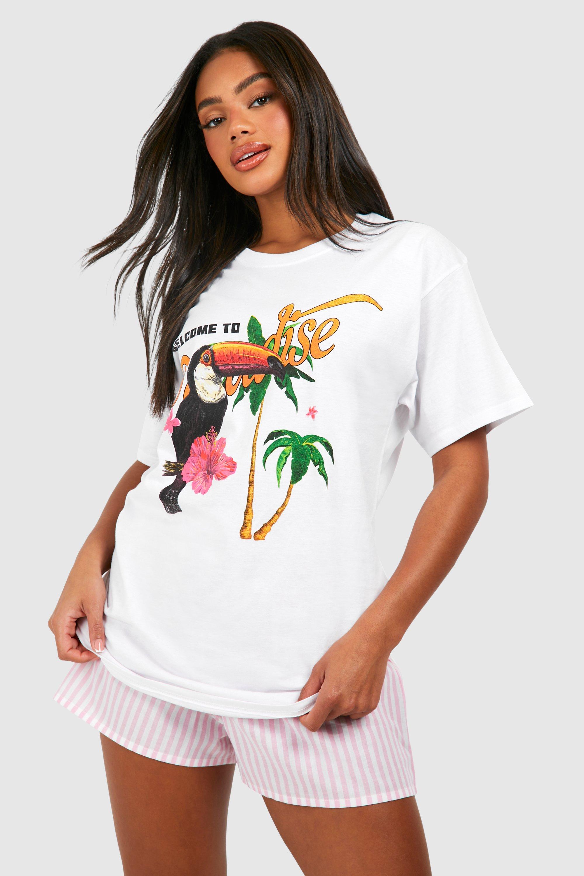 Image of Oversized Welcome To Paradise Printed Cotton Tee, Bianco