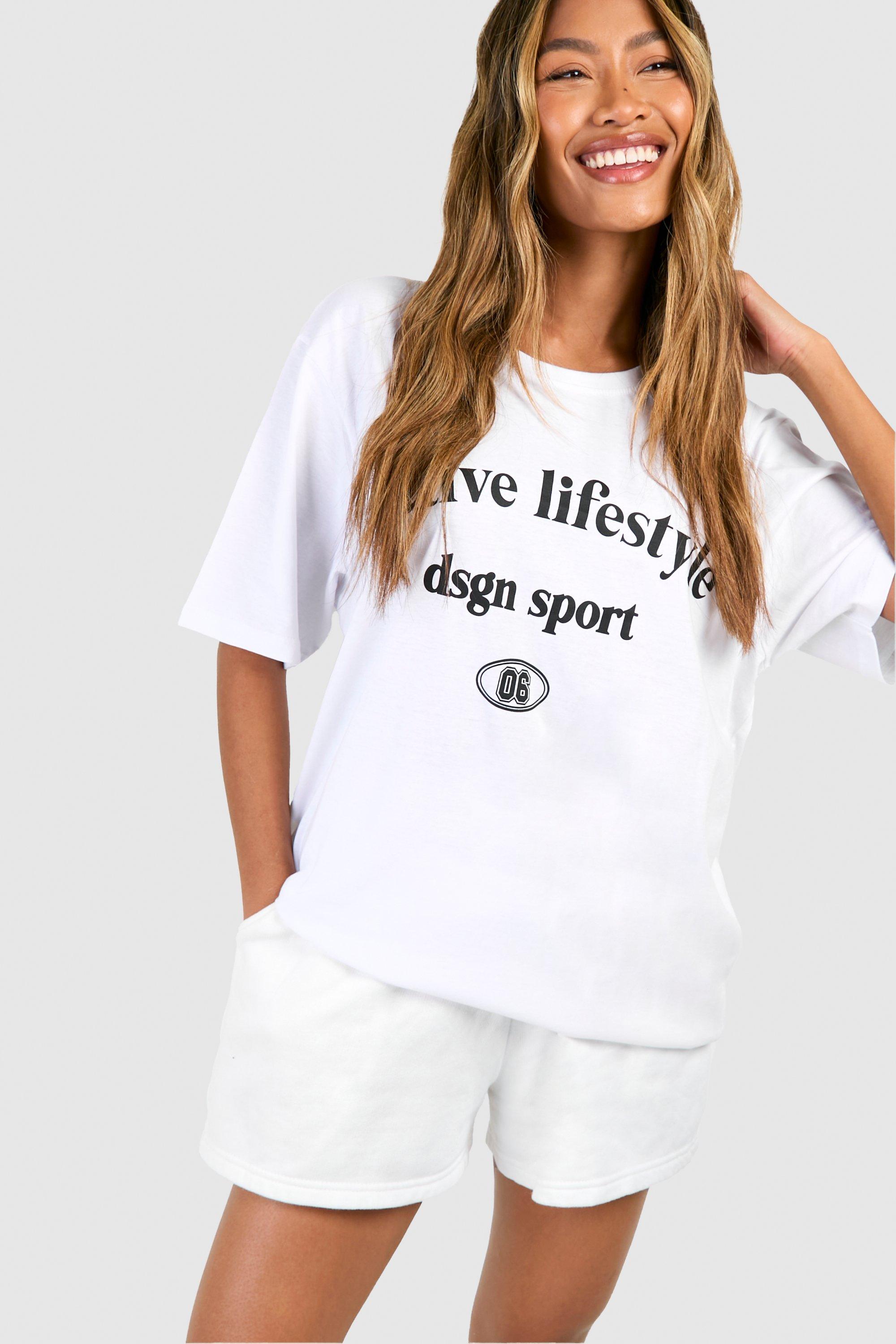 Image of Oversized Active Lifestyle Chest Print Cotton Tee, Bianco