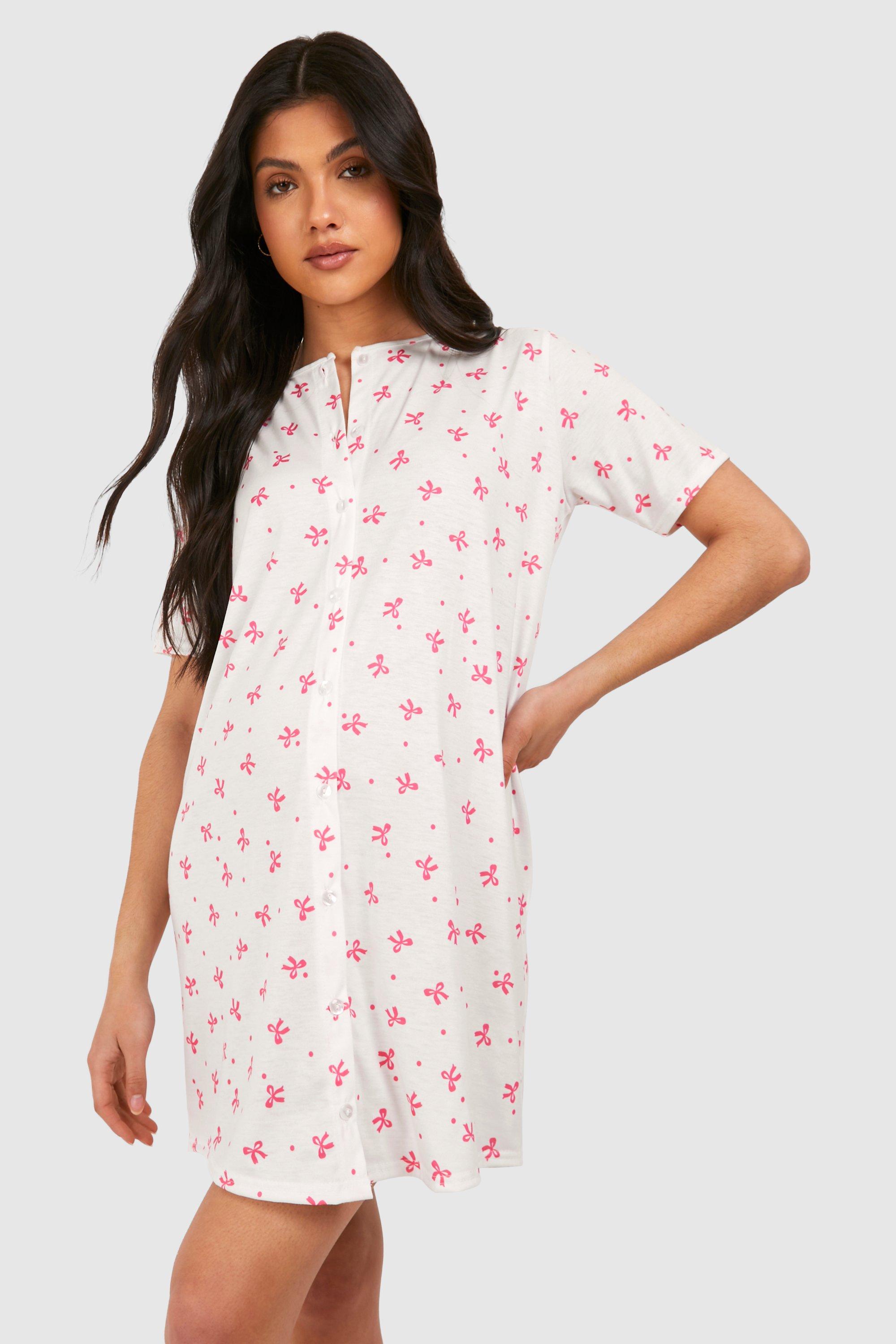 Image of Maternity Button Down Bow Print Nightie, Bianco