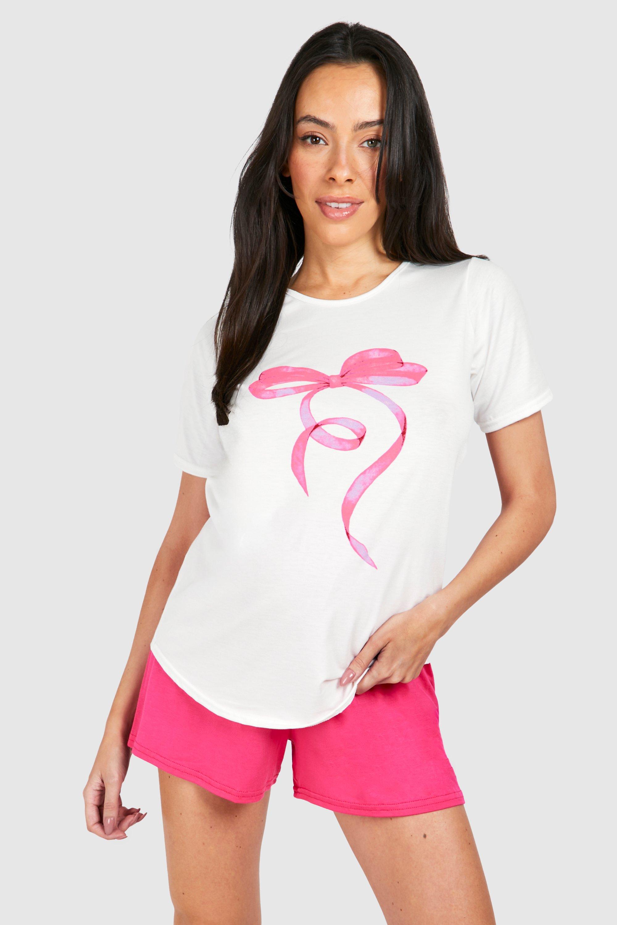 Image of Maternity Bow Print T-shirt And Short Pyjama Set, Bianco