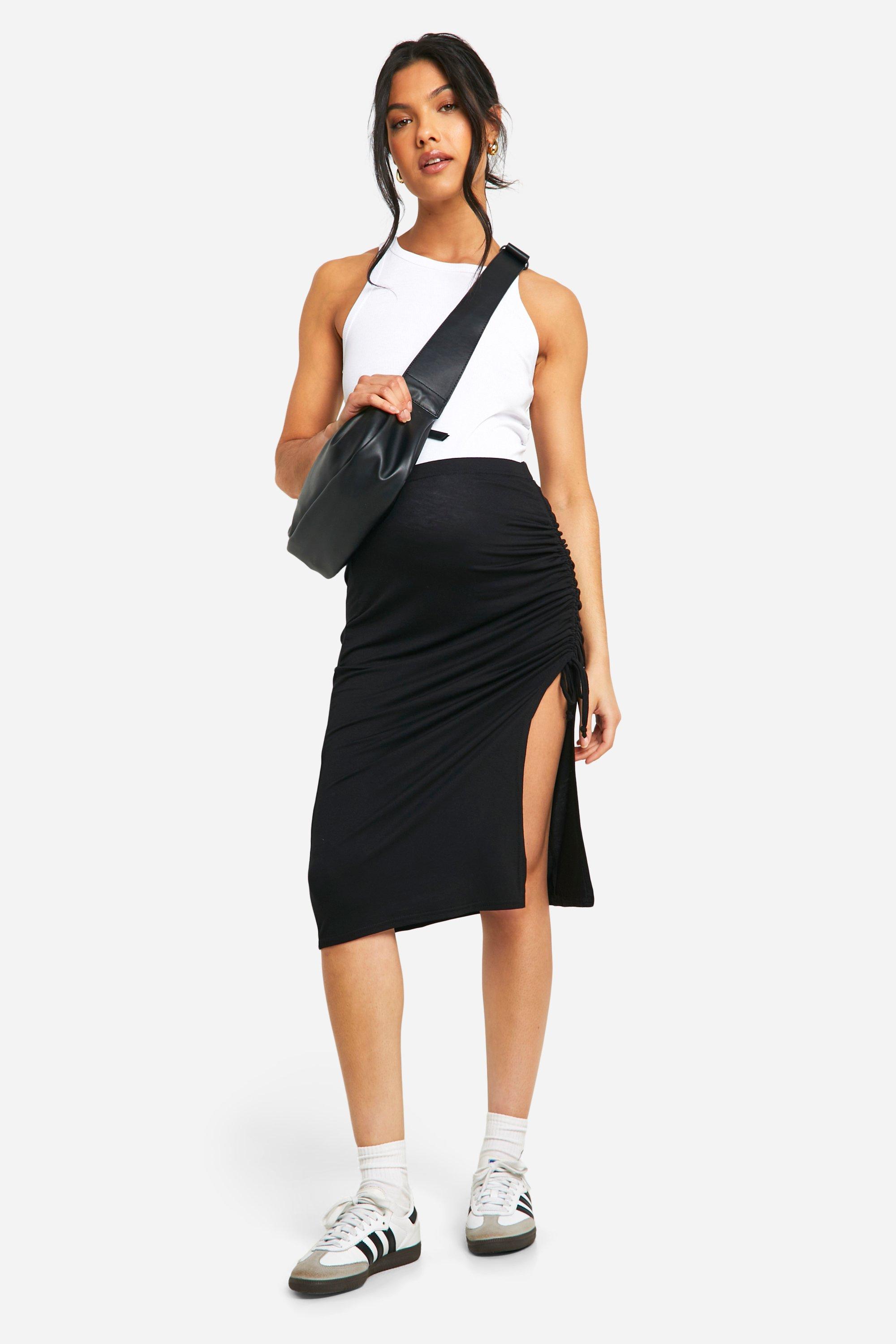 Image of Maternity Jersey Ruched Midi Skirt, Nero
