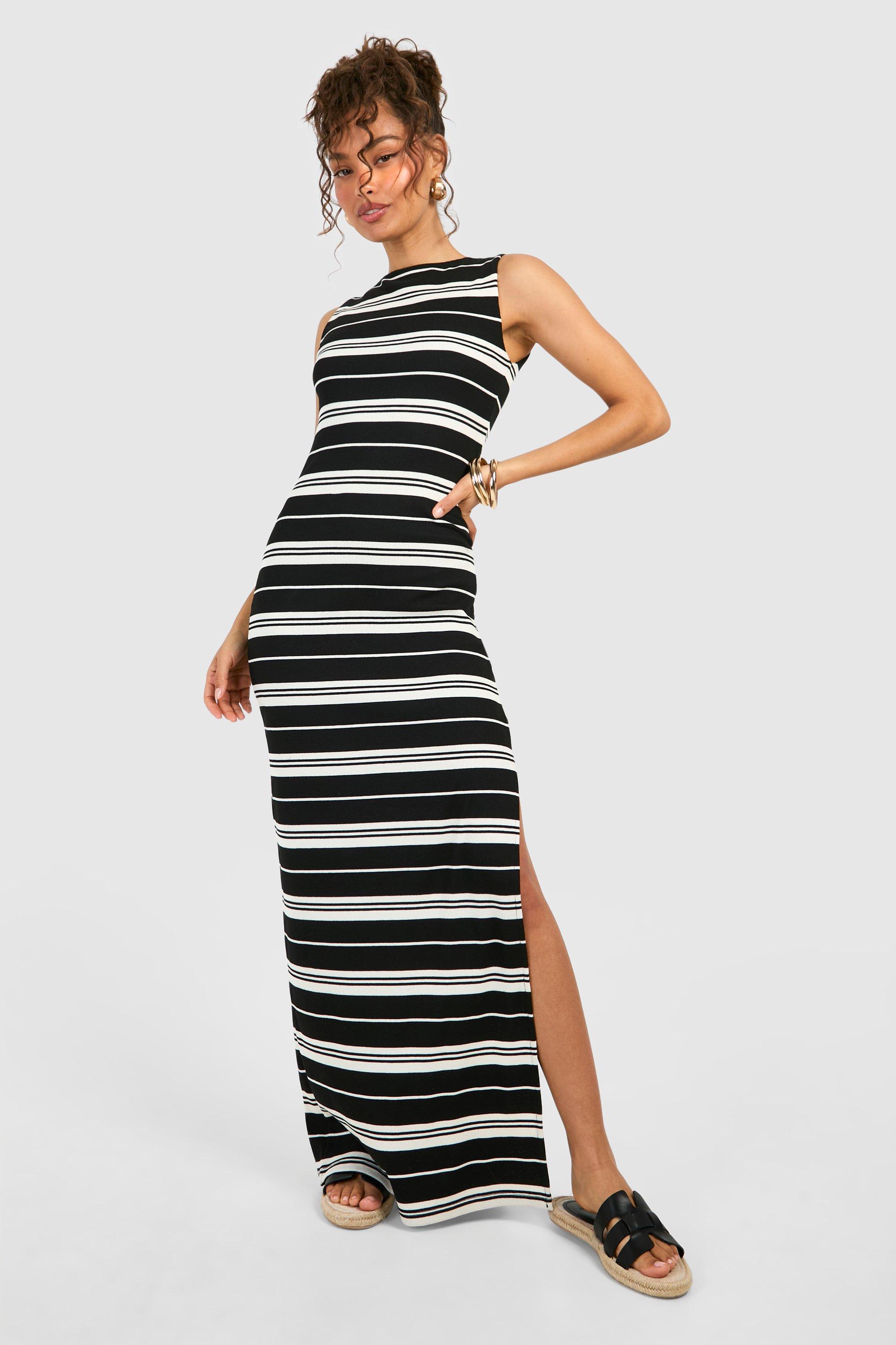 Image of Slash Neck Stripe Rib Maxi Dress, Nero