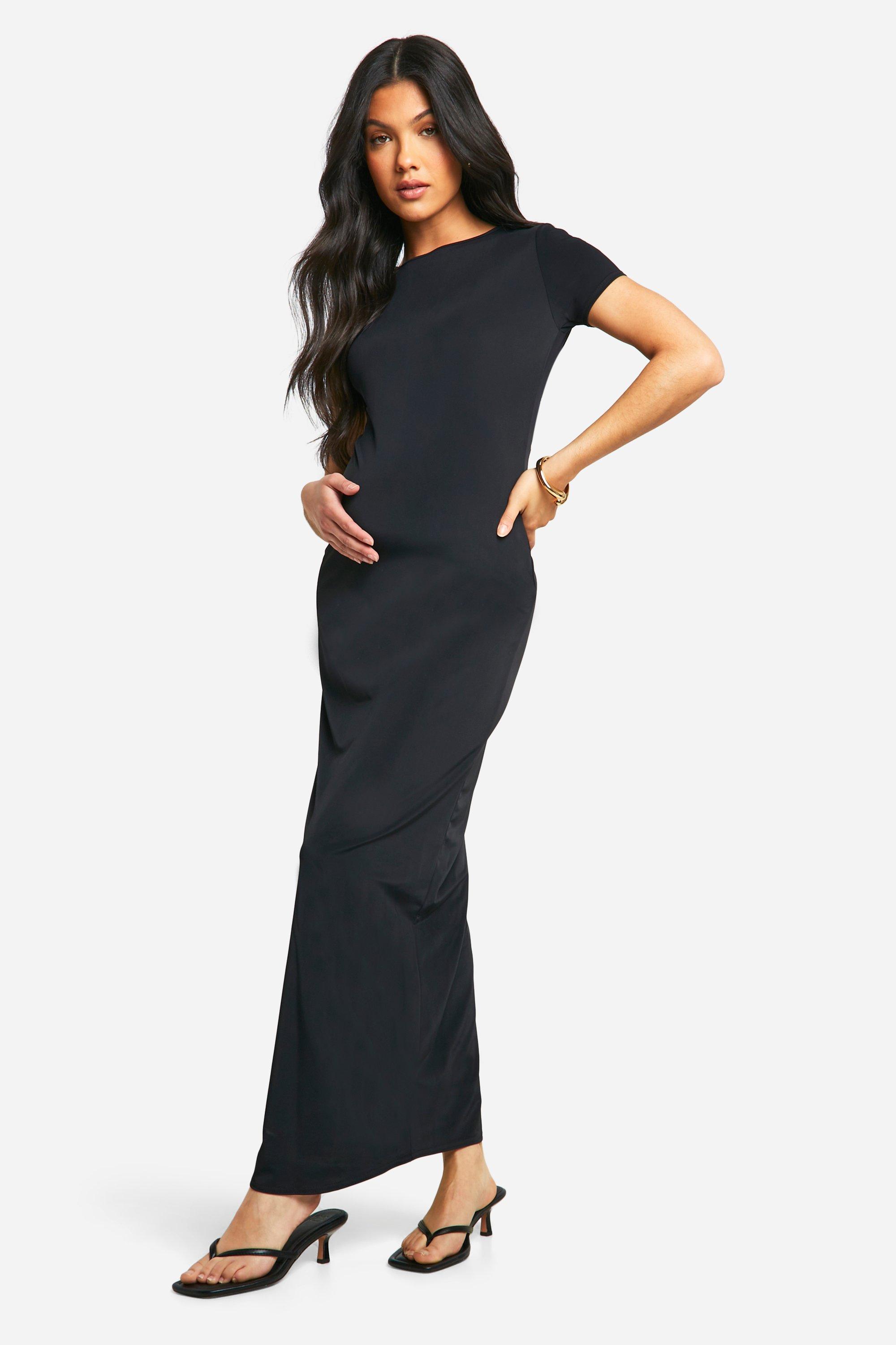 Image of Maternity Premium Slinky Short Sleeve Maxi Dress, Nero