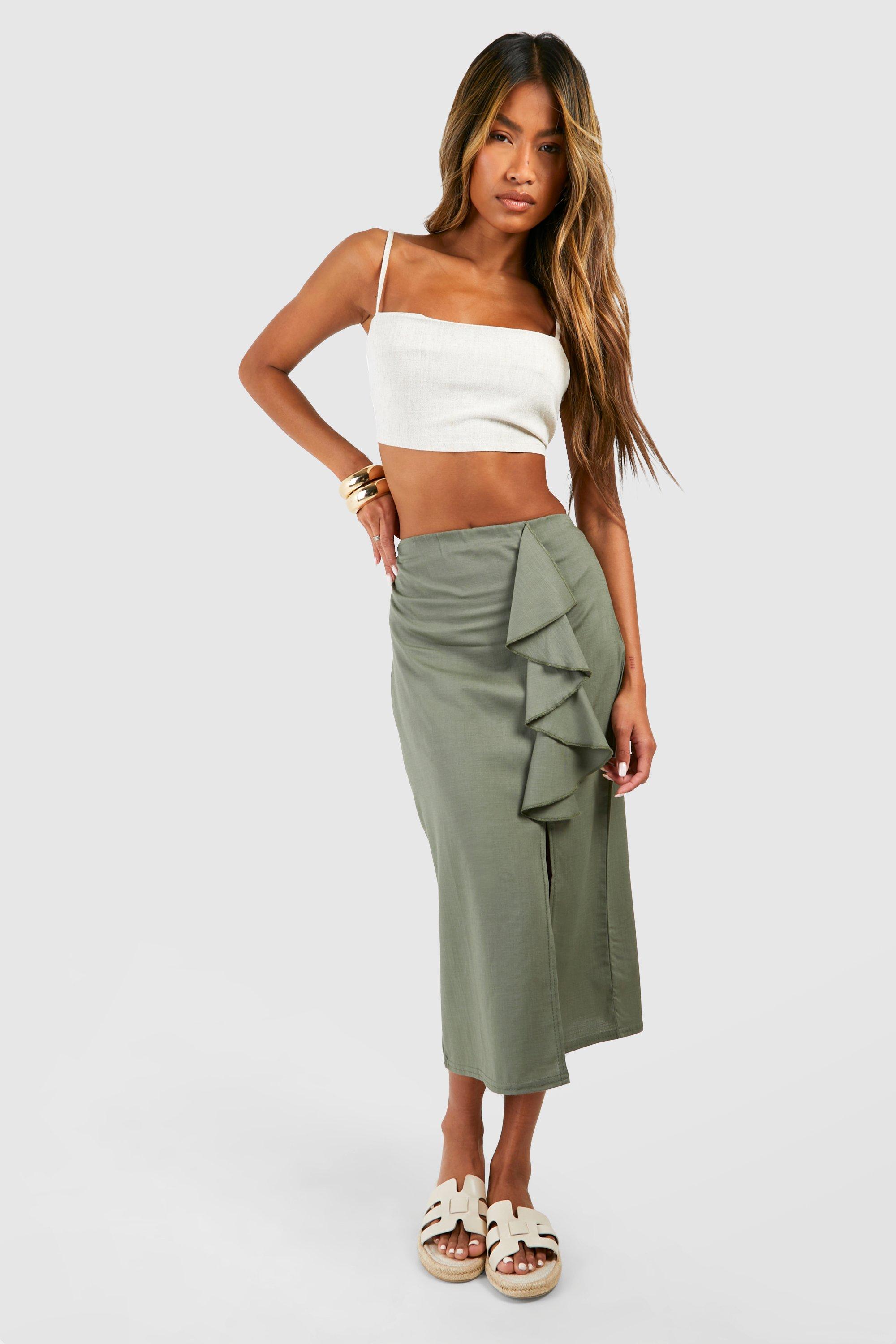 Boohoo Linen Frill Midi Skirt, Khaki