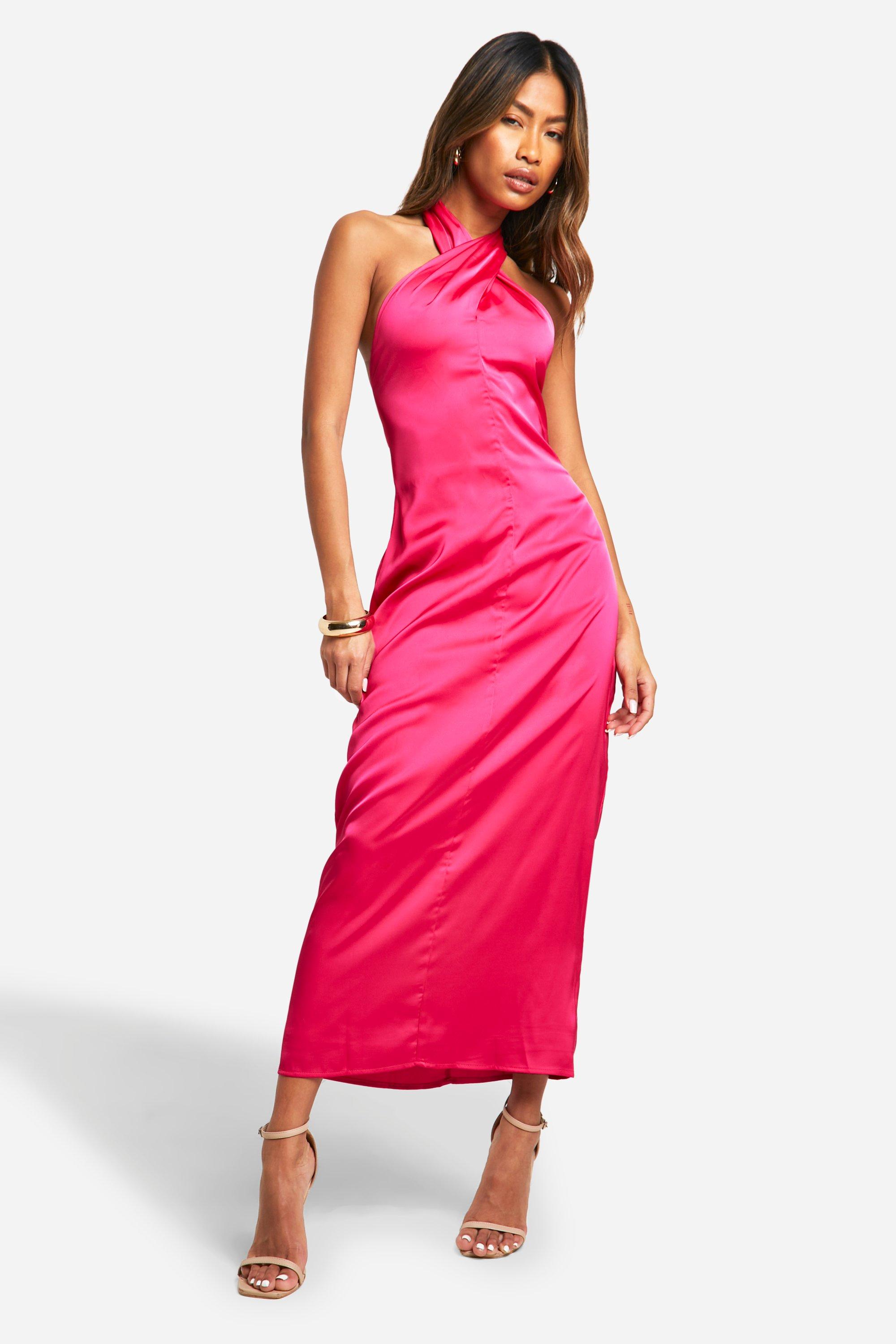 Image of Satin Twist Neck Midaxi Dress, Pink