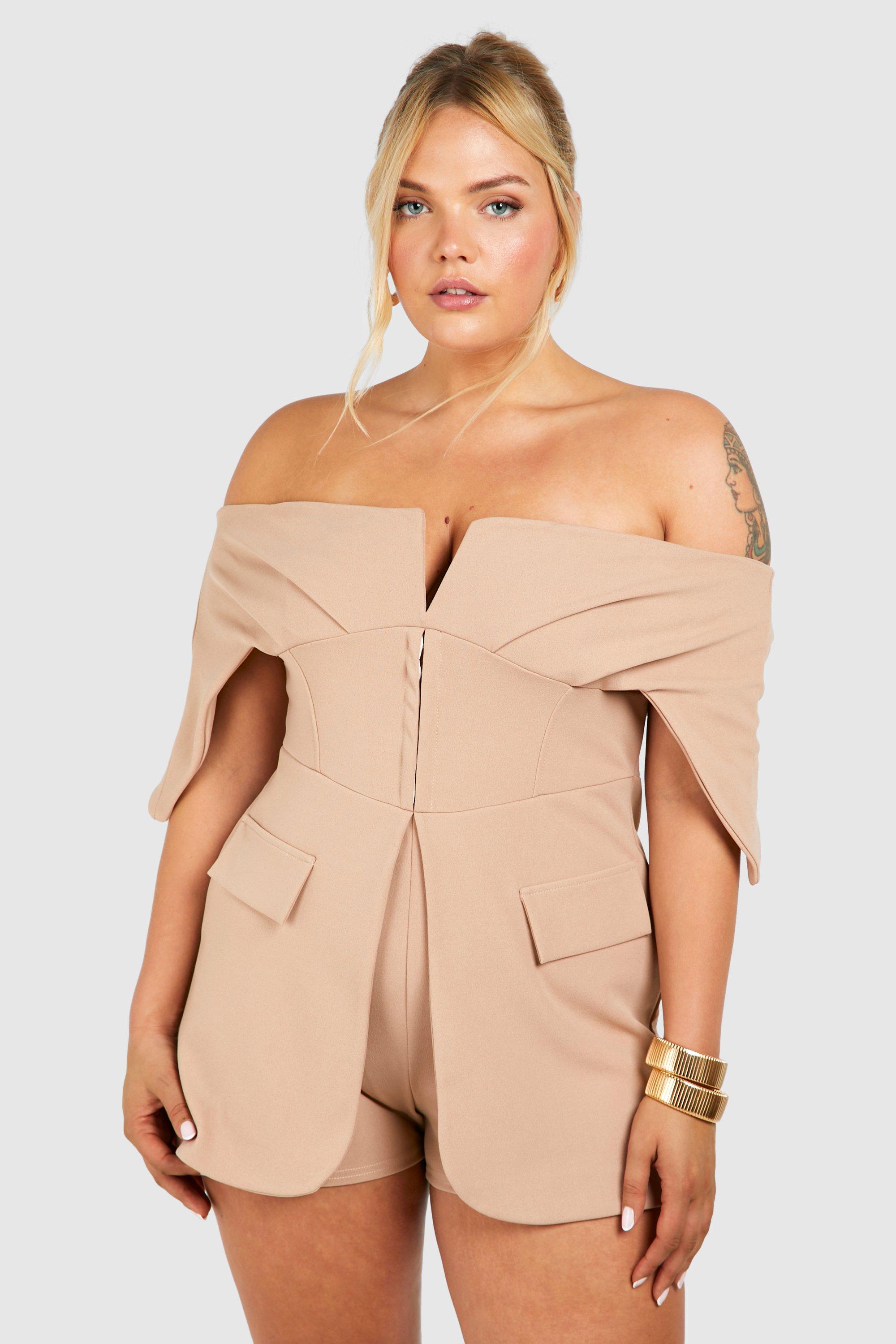 Womens Plus Scuba Crepe Corset Hook & Eye Detail Bardot Blazer Playsuit - Beige - 16, Beige