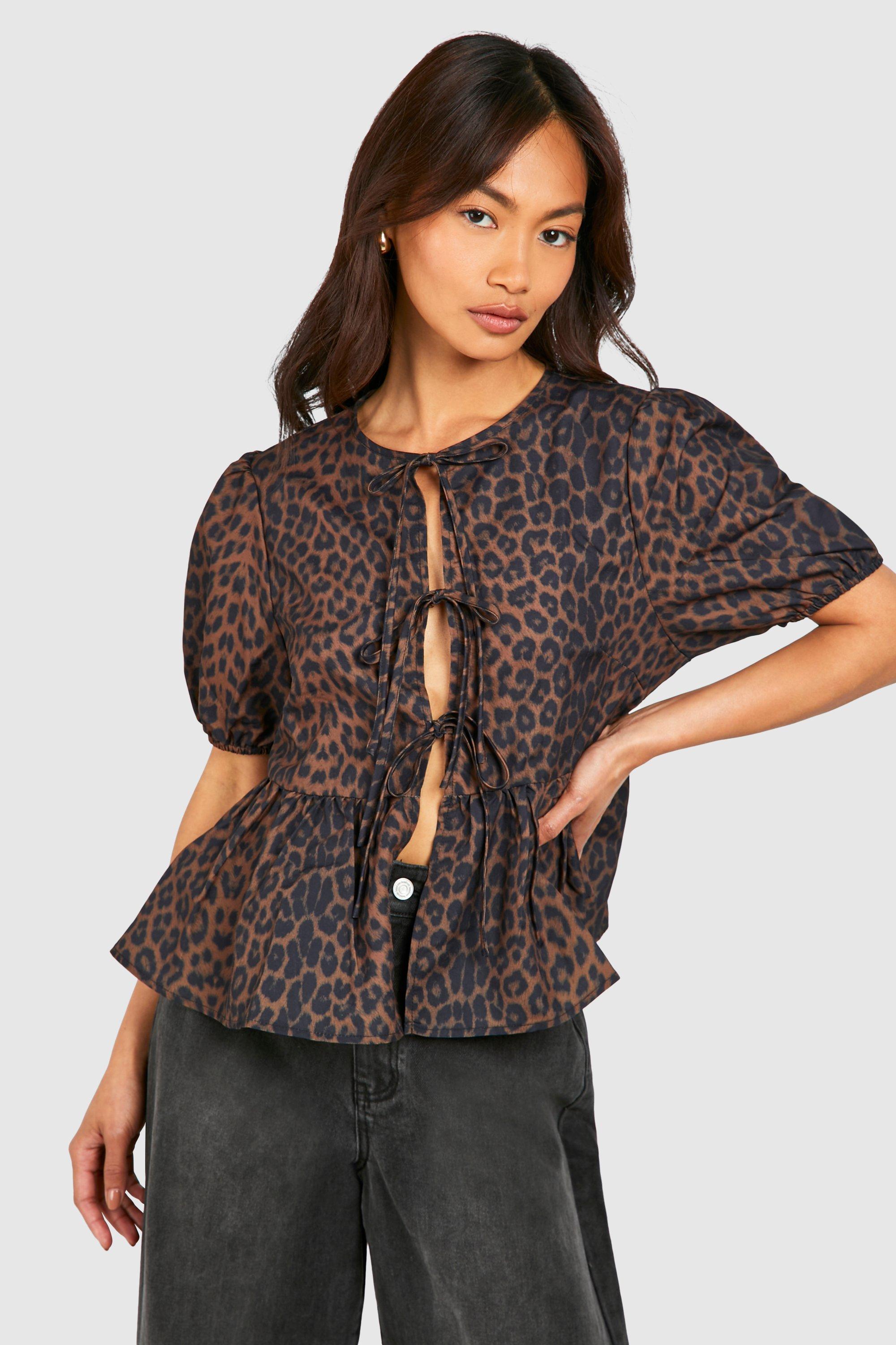 Image of Top leopardato con laccetti e maniche a sbuffo, Brown