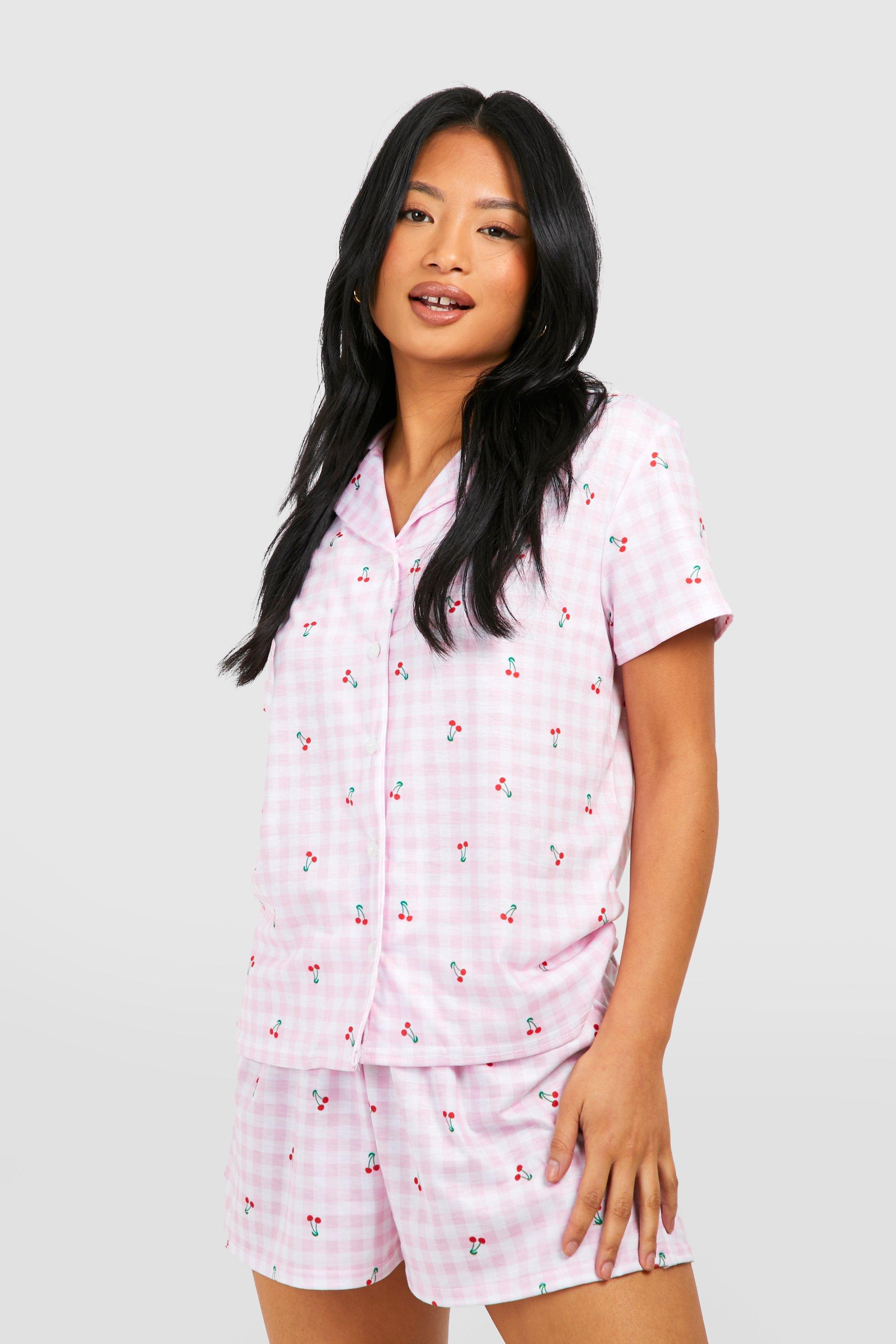 Womens Petite Gingham Cherry Short Pyjama Set - Pink - 16, Pink