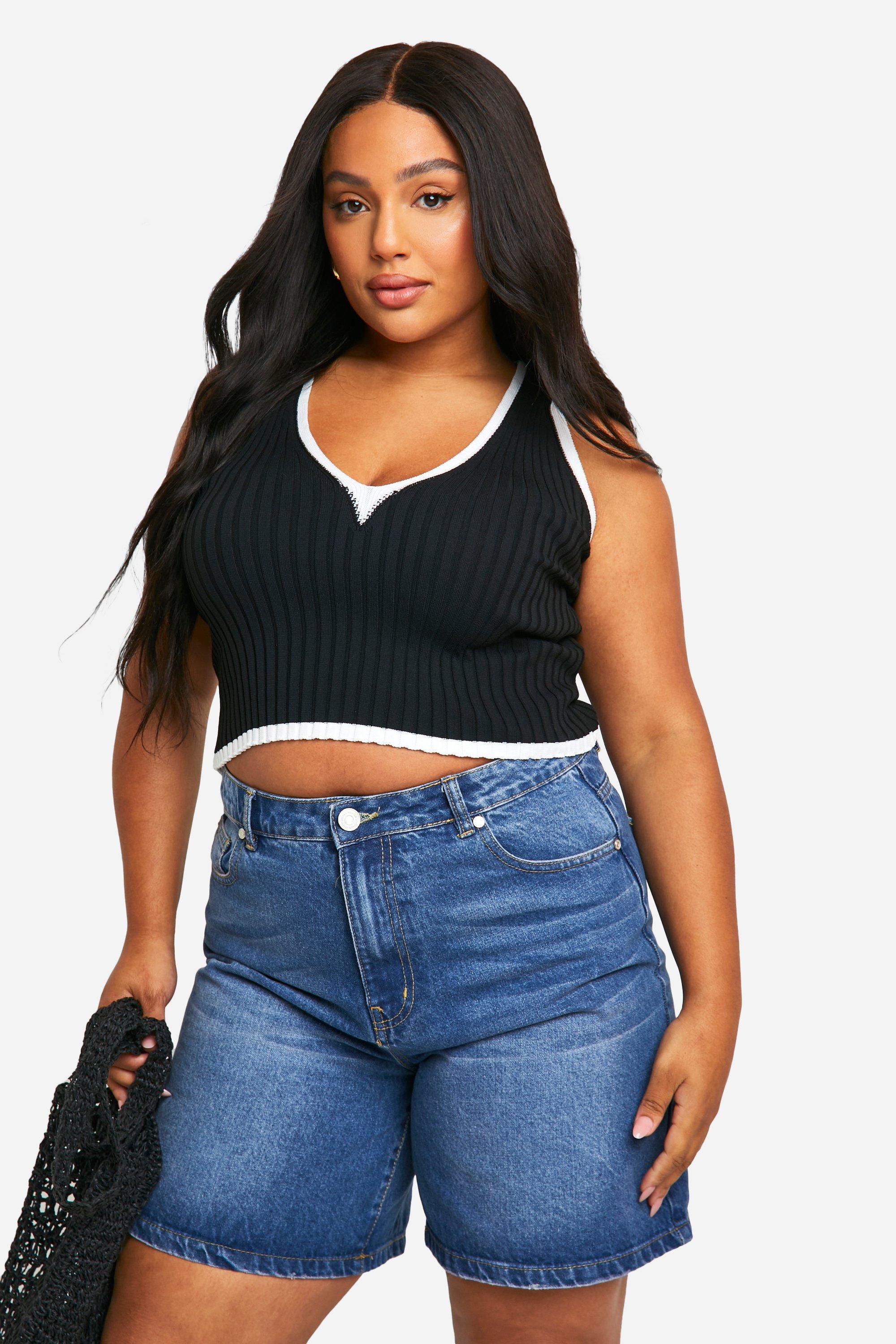 Grande Taille - Crop Top A Col V En Maille - Noir - 46, Noir