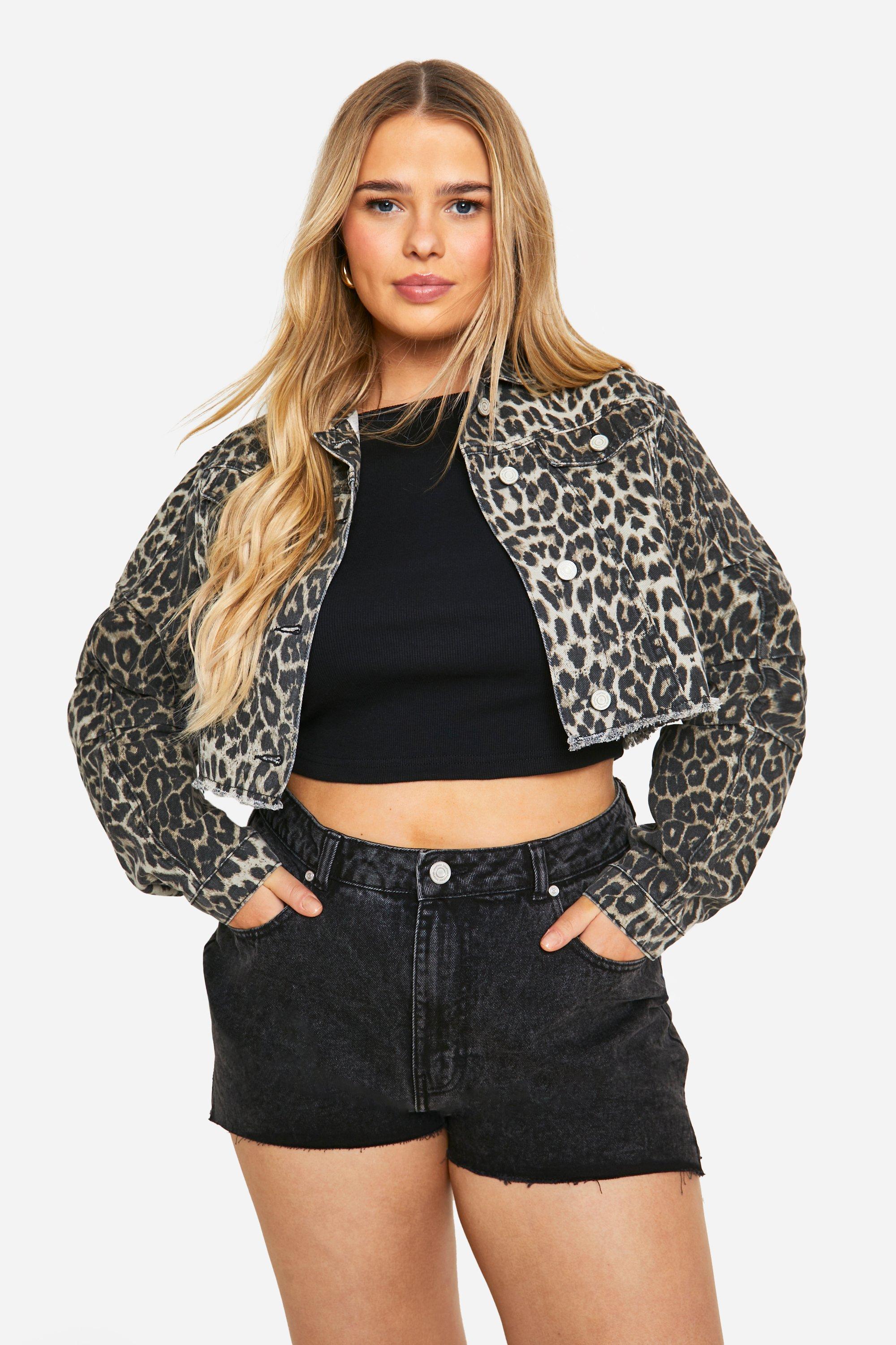 Womens Plus Cropped Oversized Leopard Denim Jacket - Multi - 22, Multi