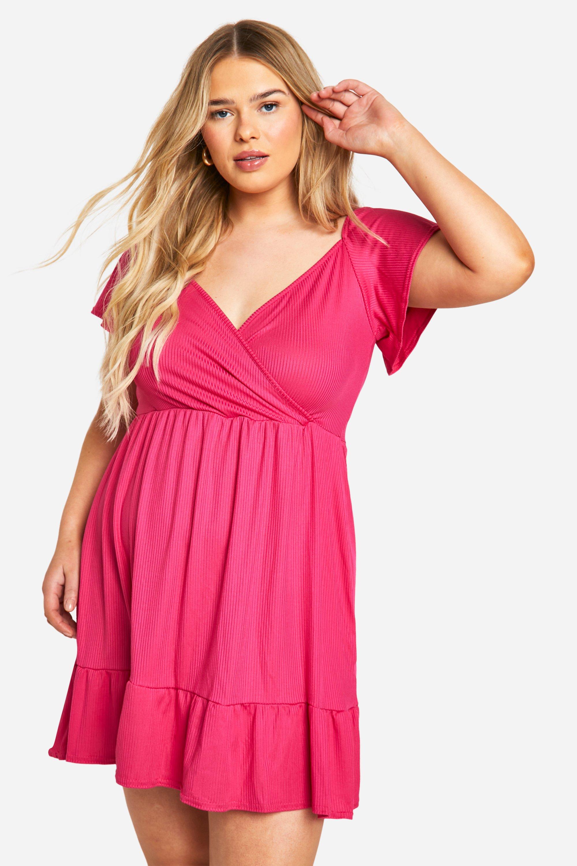 Image of Plus Soft Rib Wrap Tiered Smock Dress, Pink