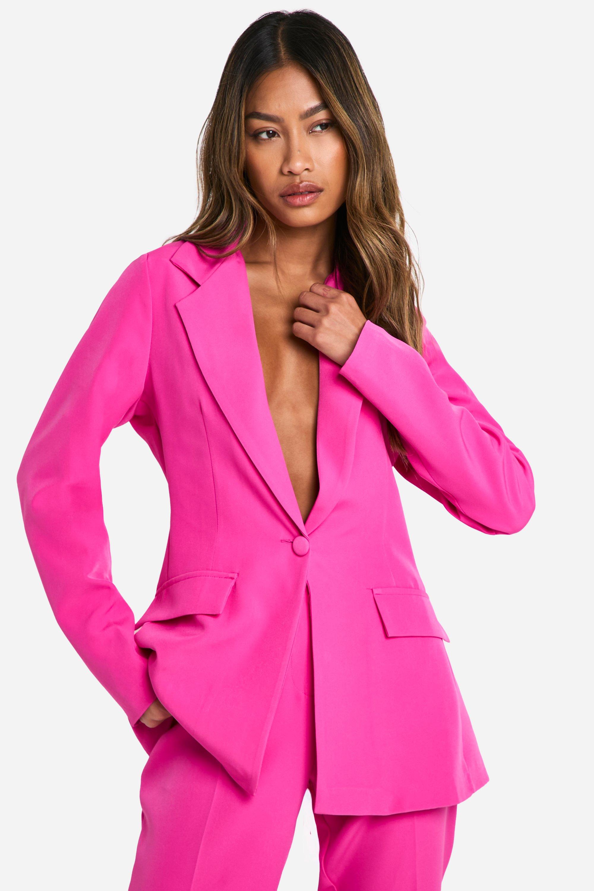 Boohoo Contrast Button Plunge Tailored Fitted Blazer, Hot Pink