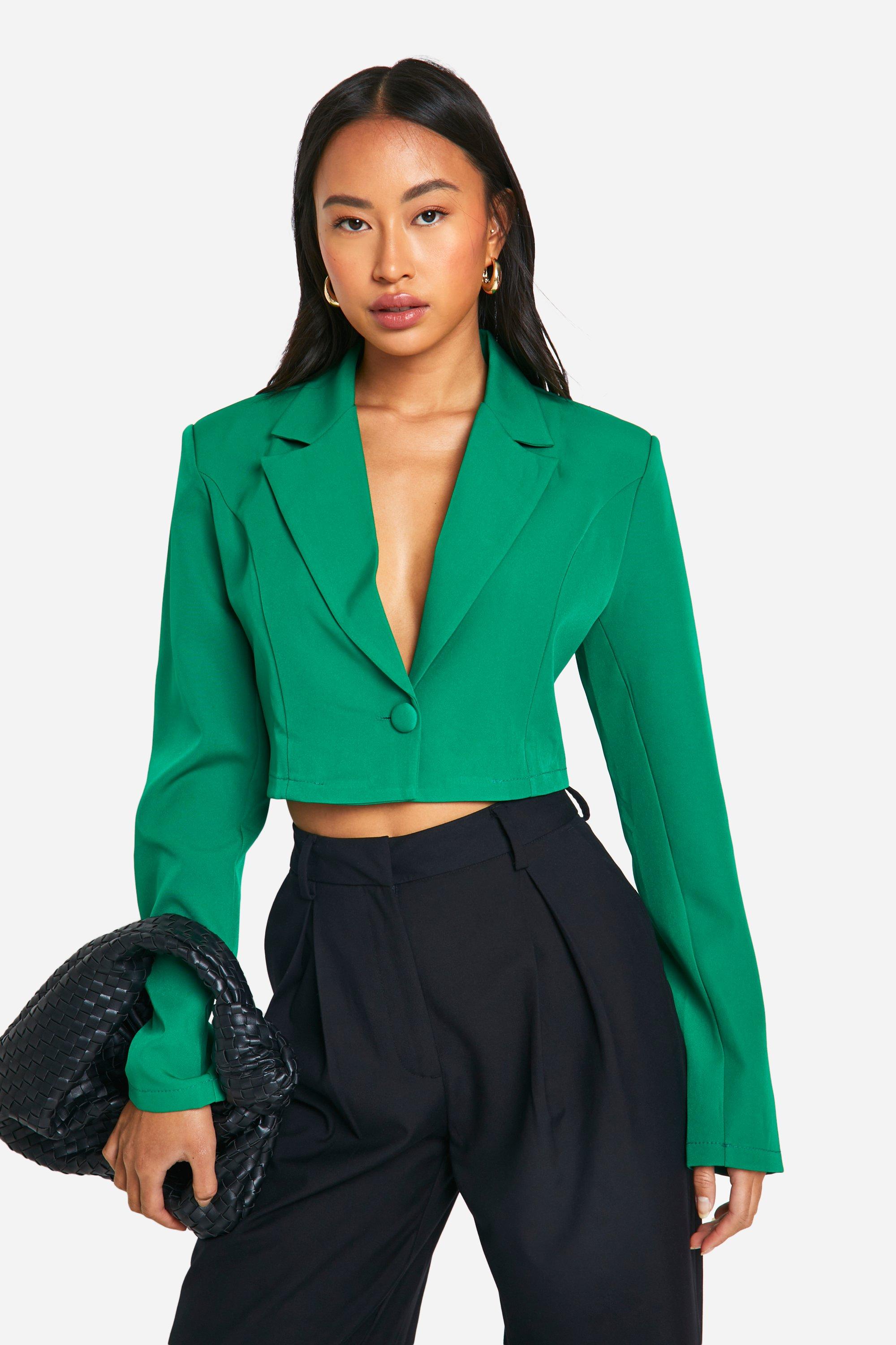 Womens Basic Woven Single Button Crop Blazer - Green - 6, Green