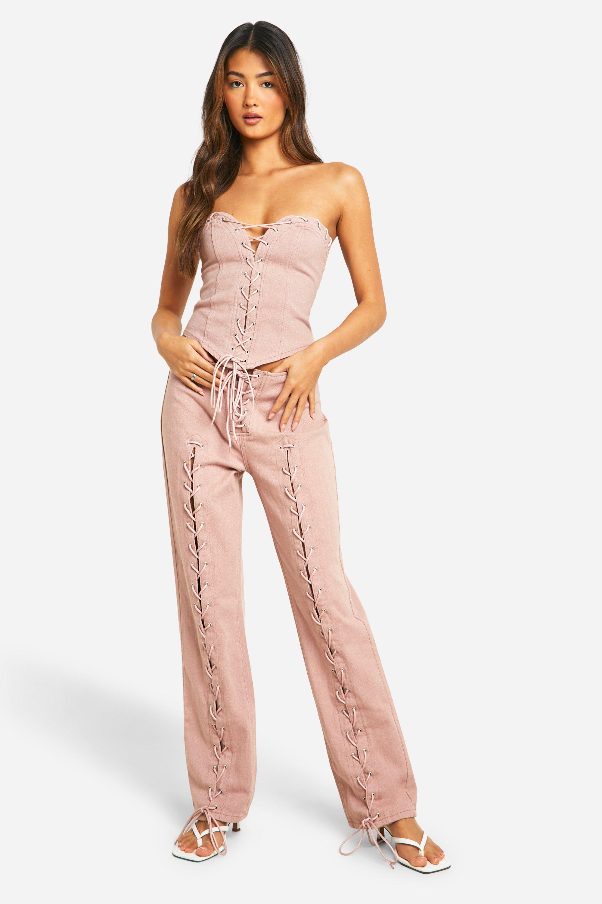 Image of Jeans dritti rosa con laccetti, Pink