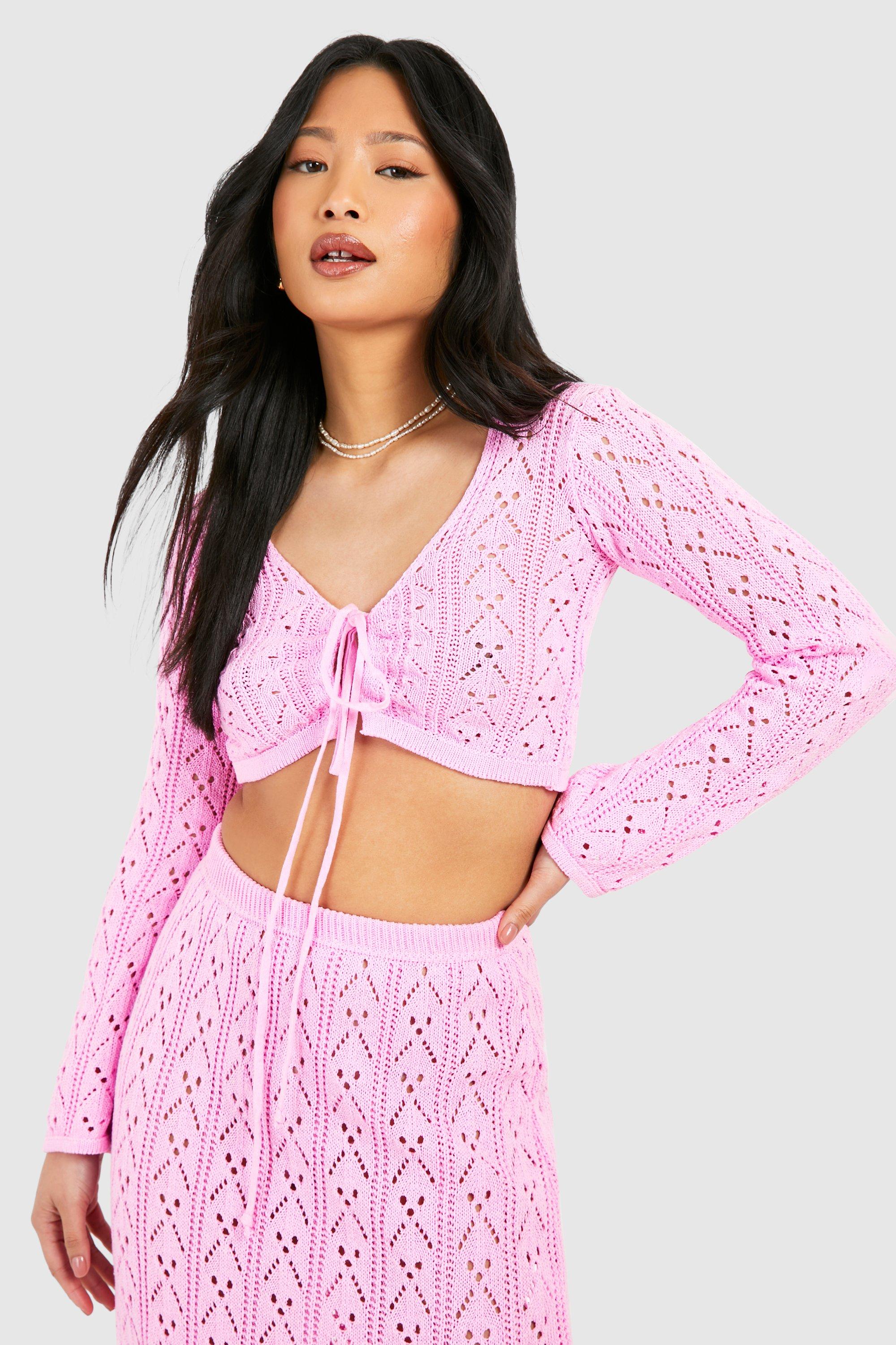 Image of Petite Crochet Tie Front Cardigan, Pink