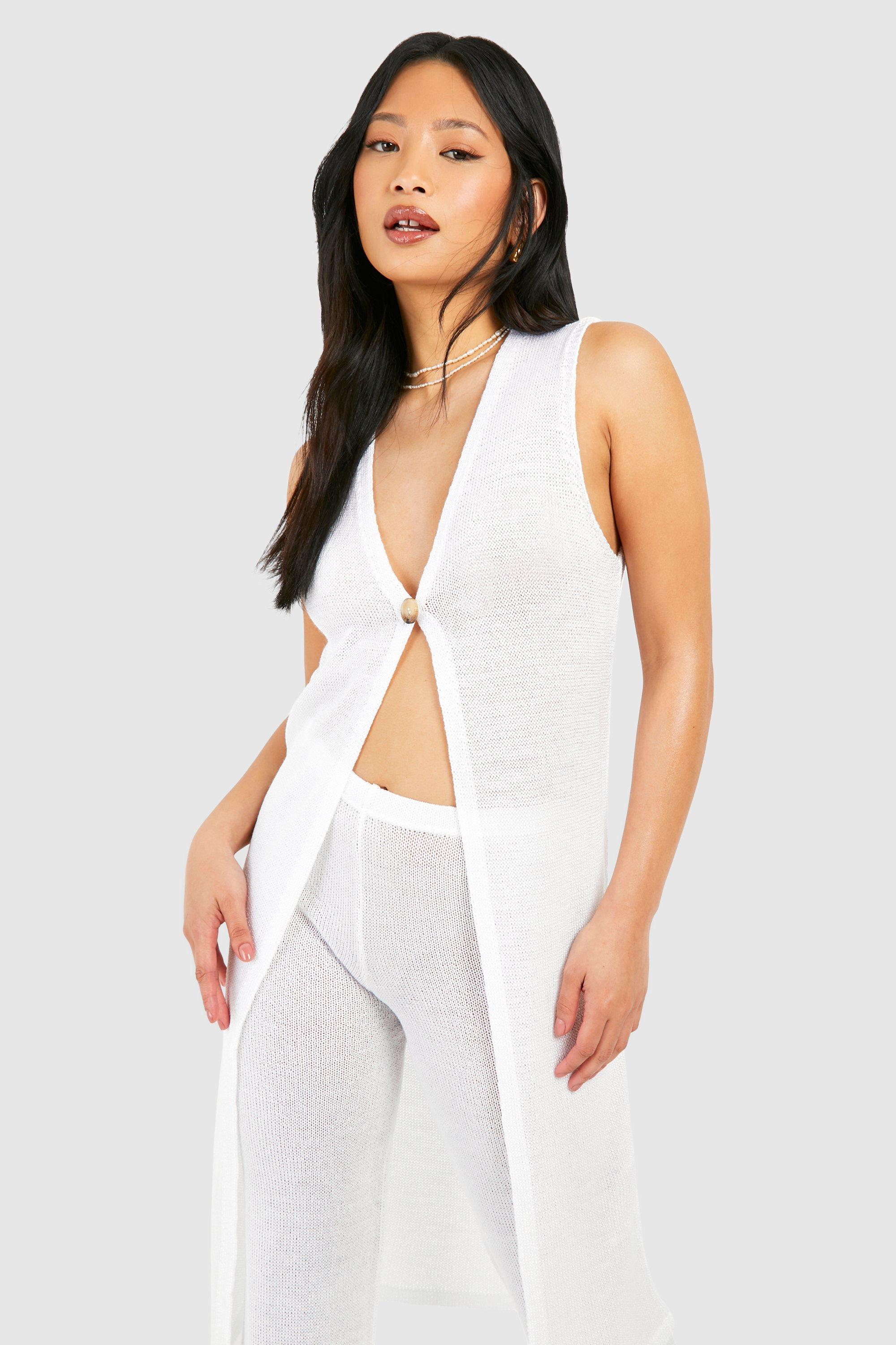 Image of Petite Sheer Knit Long Line Cardigan, Bianco