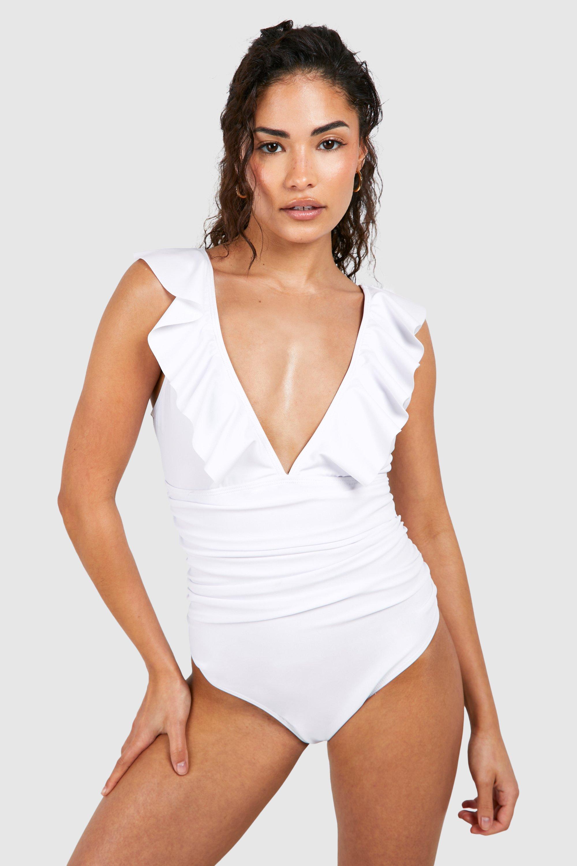 womens petite tummy control ruffle front swimsuit - white - 12, white