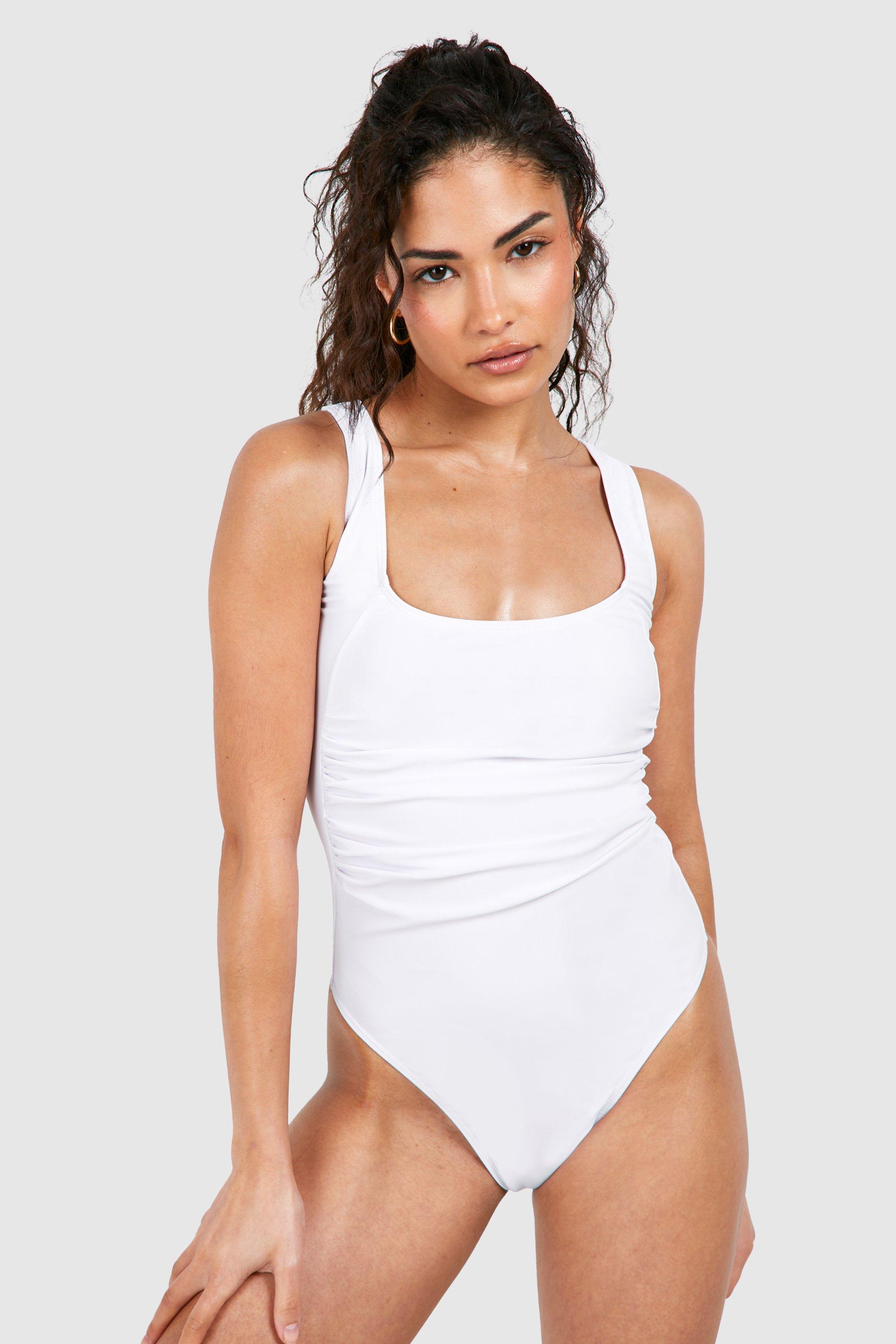 womens petite tummy control ruched scoop swimsuit - white - 14, white