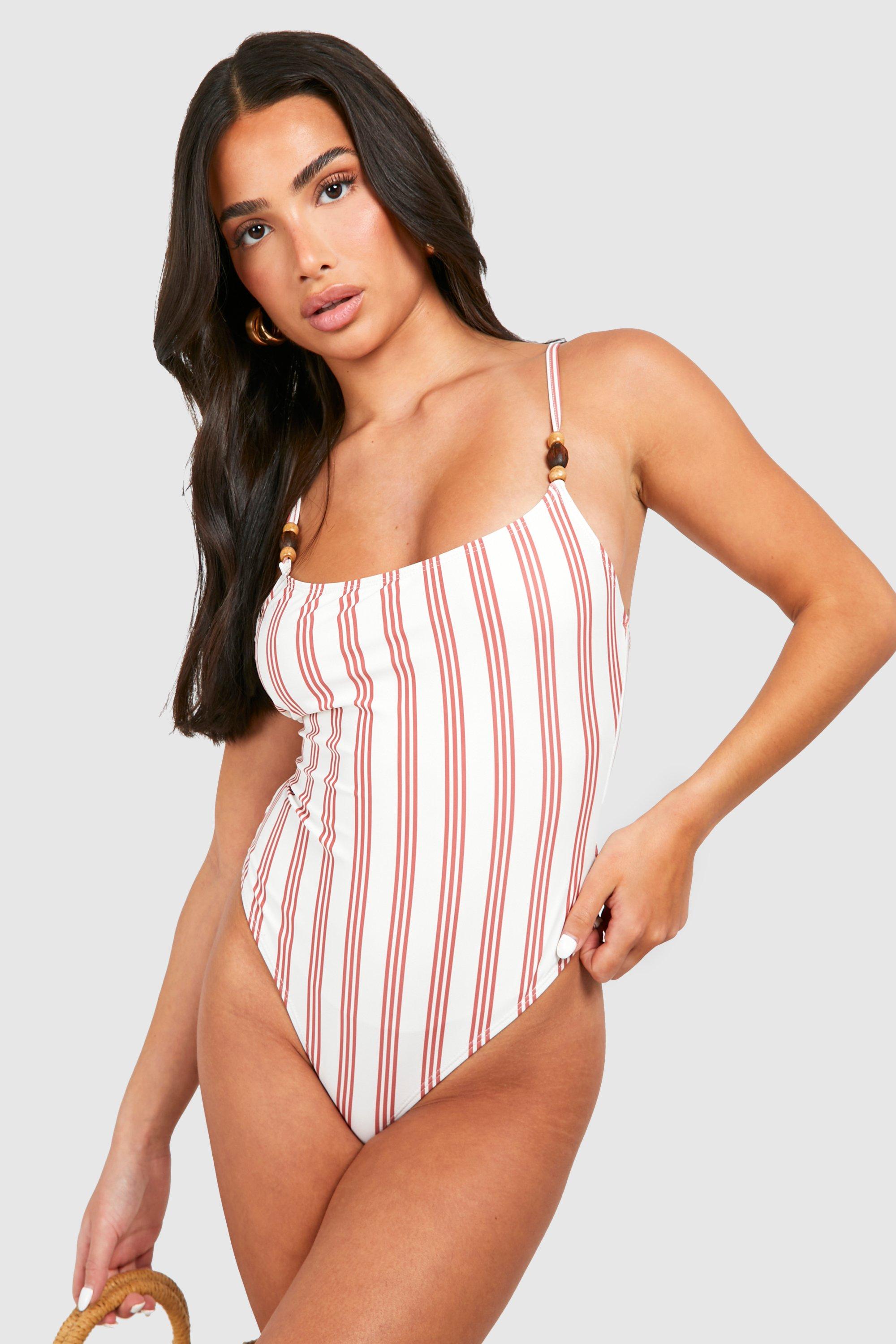 Image of Petite Stripe Print Strap Detail Swimsuit, Cream
