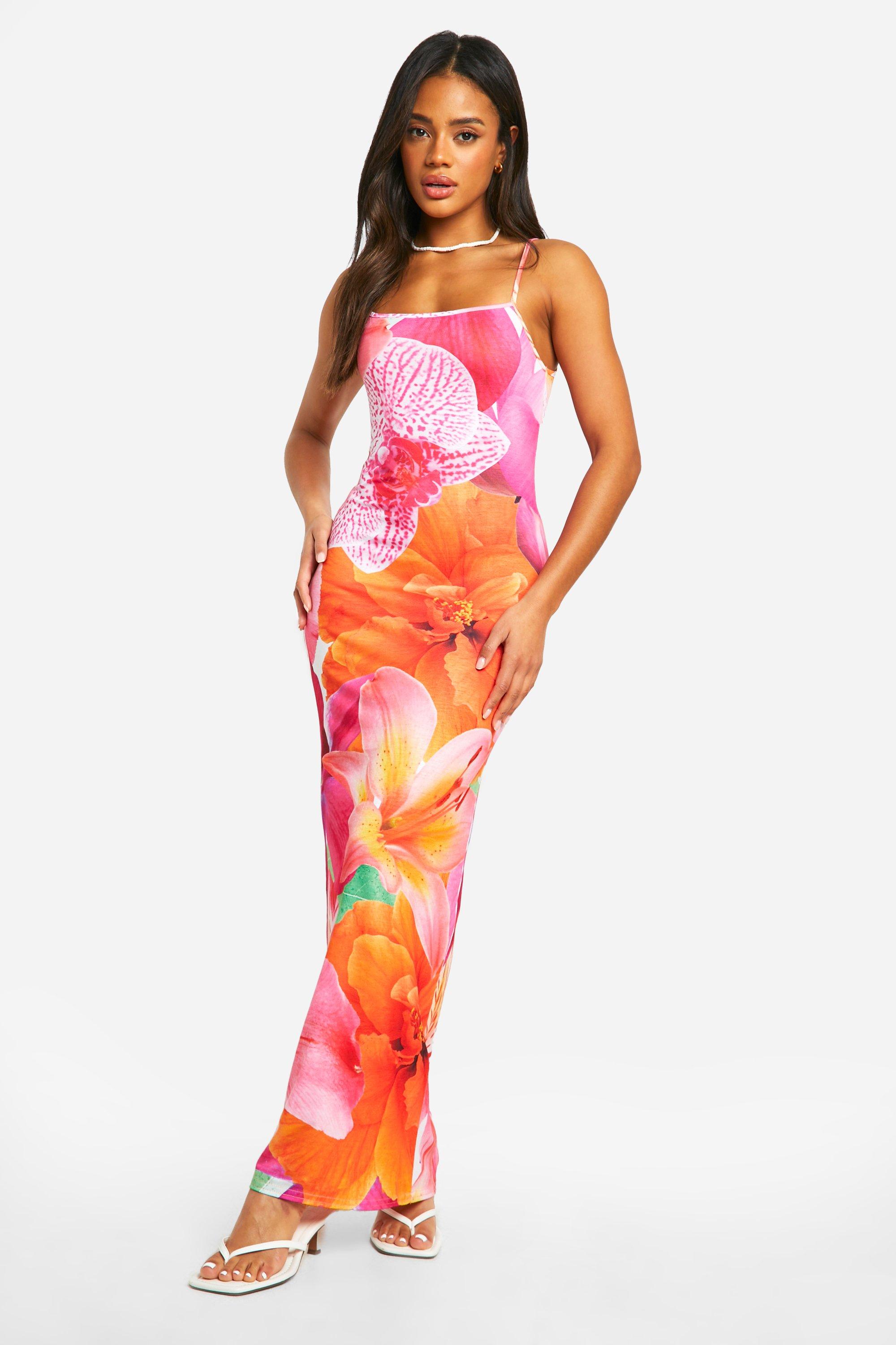 Image of Floral Print Strappy Maxi Dress, Pink
